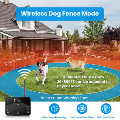 Wireless Dog Fence, 2-in-1 Electric Pet Containment System & Remote Training Collar, Rechargeable & Waterproof Shock Collar for Small Medium Large Dogs, Adjustable Range Up to 800ft