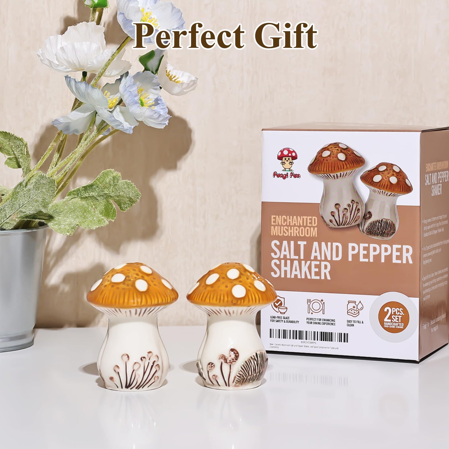 Fungi Fun Ceramic Mushroom Salt and Pepper Shakers Set – Cute and Decorative Salt and Pepper Shakers for Mushroom Kitchen Decor, Unique Hand-Painted Spice Containers for Table or Countertop