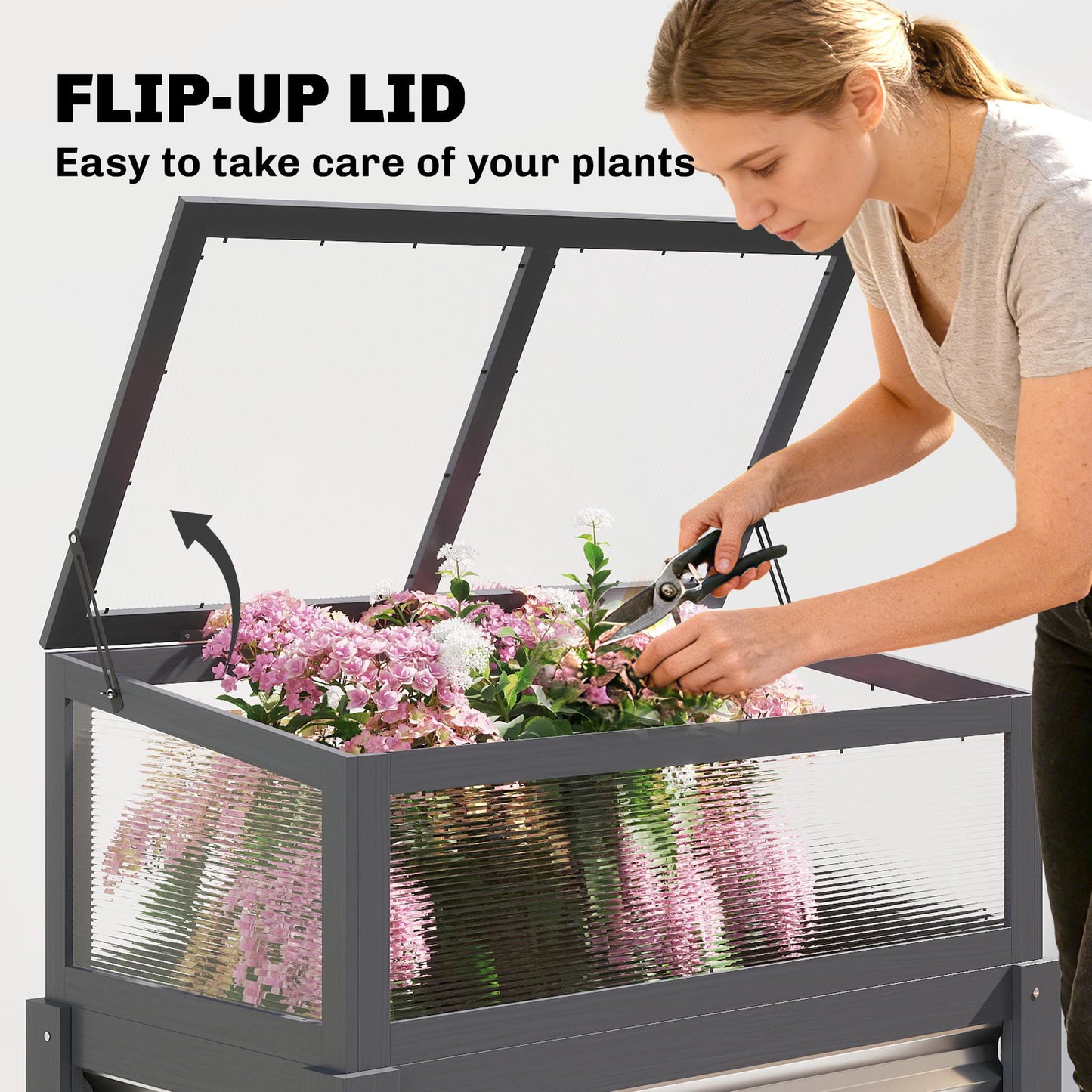 Outsunny Wooden Raised Garden Bed with Flip-Up Greenhouse Top, Raised Garden Bed with Legs and Bed Liner, Elevated Planter Box for Flowers, Vegetables, Herbs, Gray