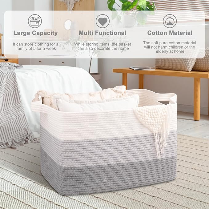 OIAHOMY Extra Large Blanket Basket, 95L Cotton Rope Woven Laundry Basket