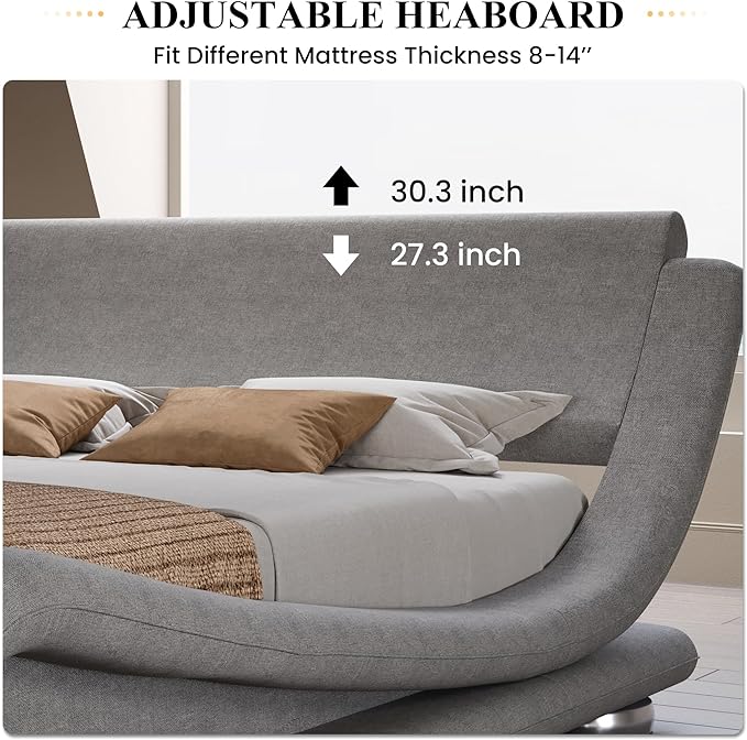 SHA CERLIN King Size Upholstered Bed Frame, Deluxe Low Profile Sleigh Bed