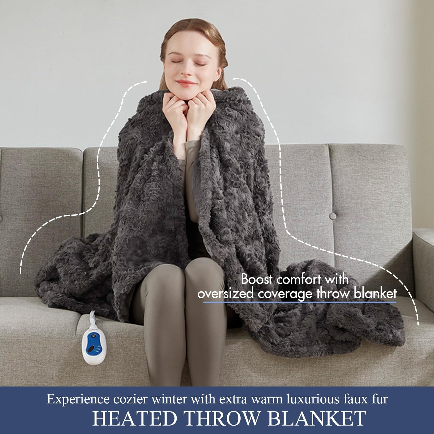 Beautyrest Zuri Reversible Faux Fur to Mink Electric Blanket, Auto Shut Off, Virtually Zero EMF, Multi Heat Setting, UL Certified, Machine Washable, Natural Marble Throw 50x70