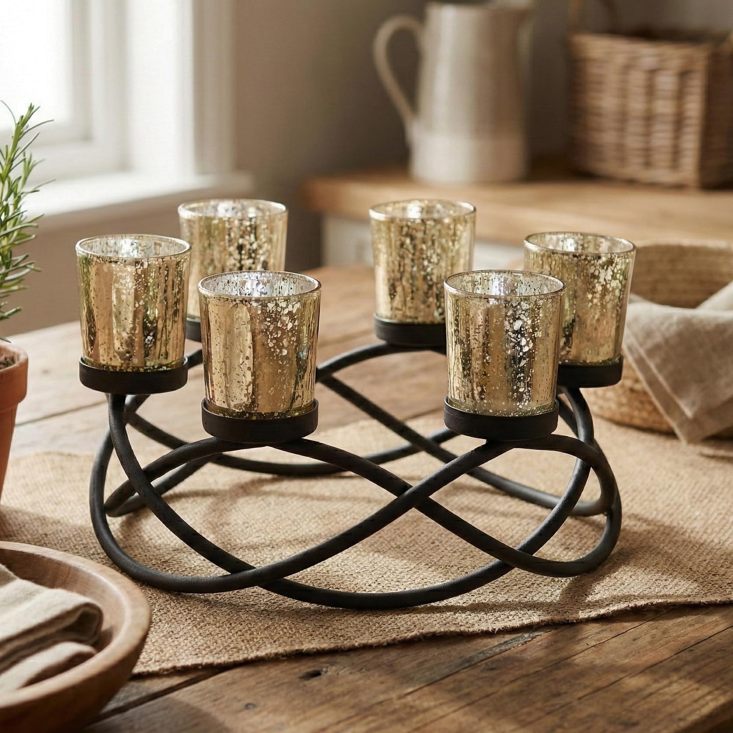 Seraphic Centerpieces for Kitchen Table Decor, Tealight Candle Holder, Gold