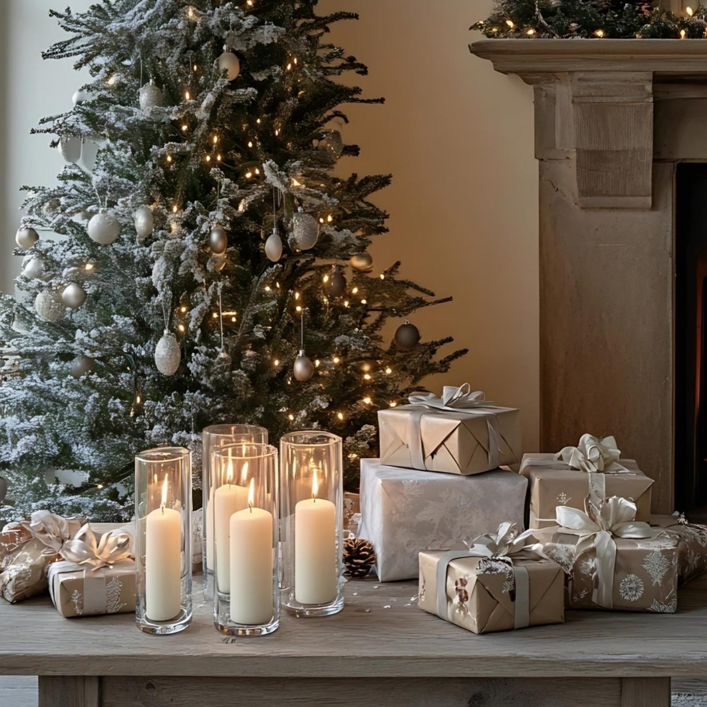 FFUW 24 Pcs White Pillar Candles with Glass Candle Holder Hurricane Glass Candle Holders Clear Cylinder Vases for Centerpieces Wedding Office Party Home Table Decor