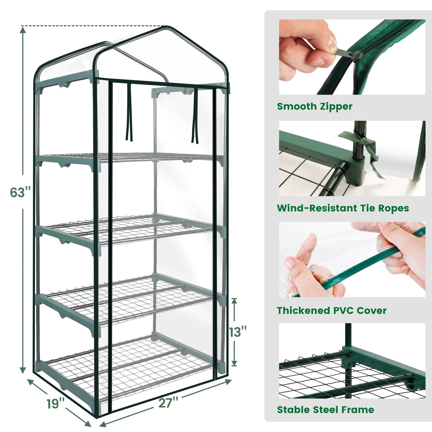 Worth Garden 4 Tier Mini Greenhouse - 63'' H x 27'' L x 19'' W - Sturdy Portable Gardening Shelves with PVC Cover - Small Green House Use in Indoor & Outdoor for Plants Flowers