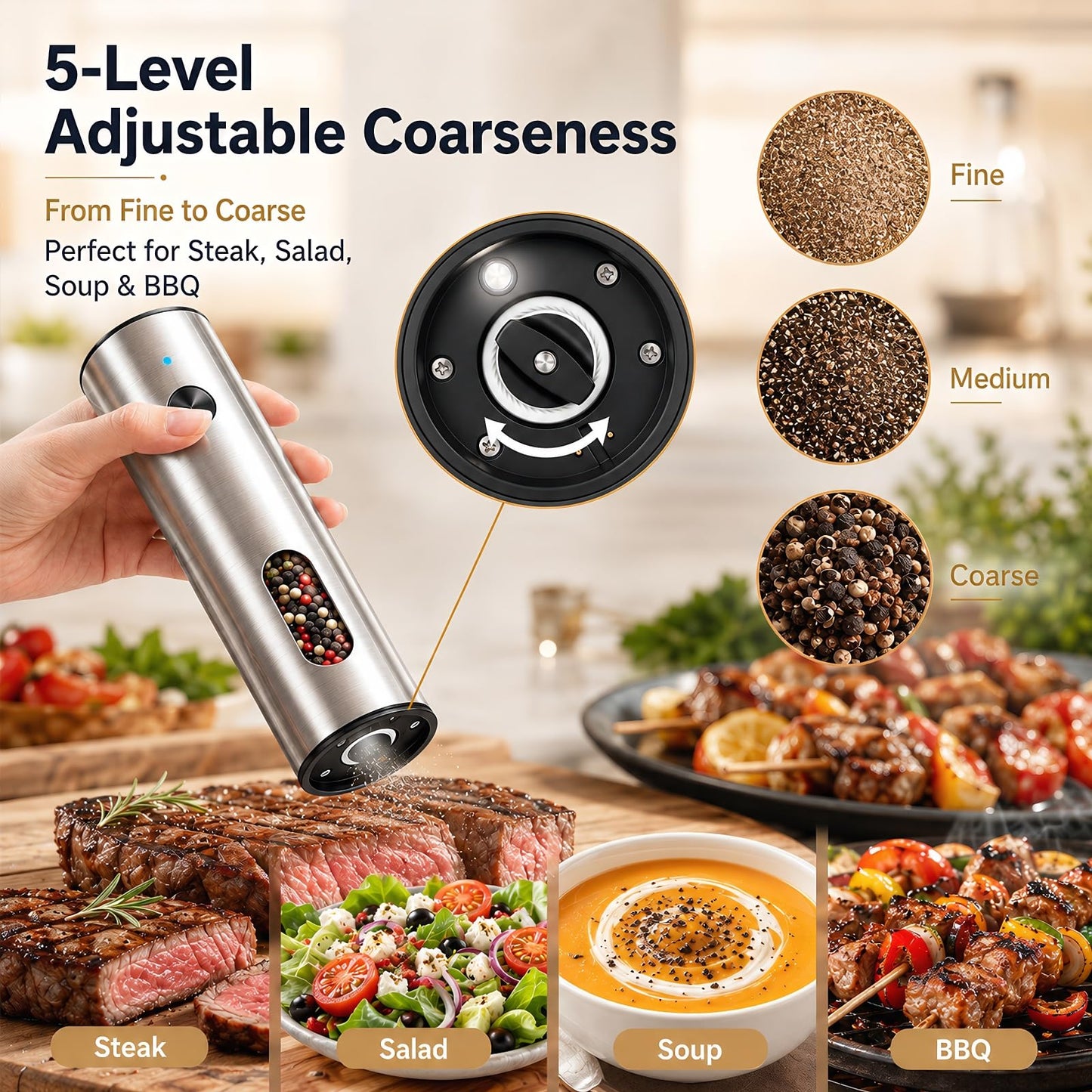 TeSabMi Electric Salt and Pepper Grinder Set, Rechargeable with USB C Charging Base, 110ml Large Capacity, 5-Level Adjustable Coarseness, Stainless Steel, LED Light, Automatic