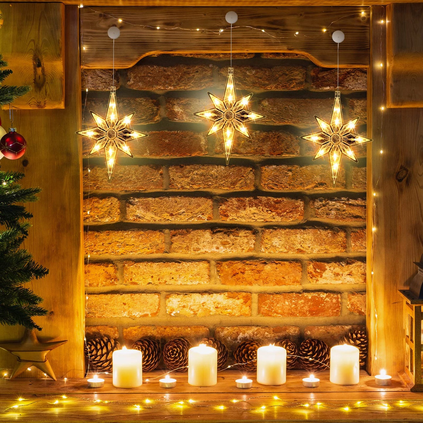 VIHOSE 3 Pcs 10.6 Inch Bethlehem Christmas Window Lights Plastic LED Lighted Christmas Window Silhouette Lights Large Hanging Xmas Tree Ornaments (Yellow)