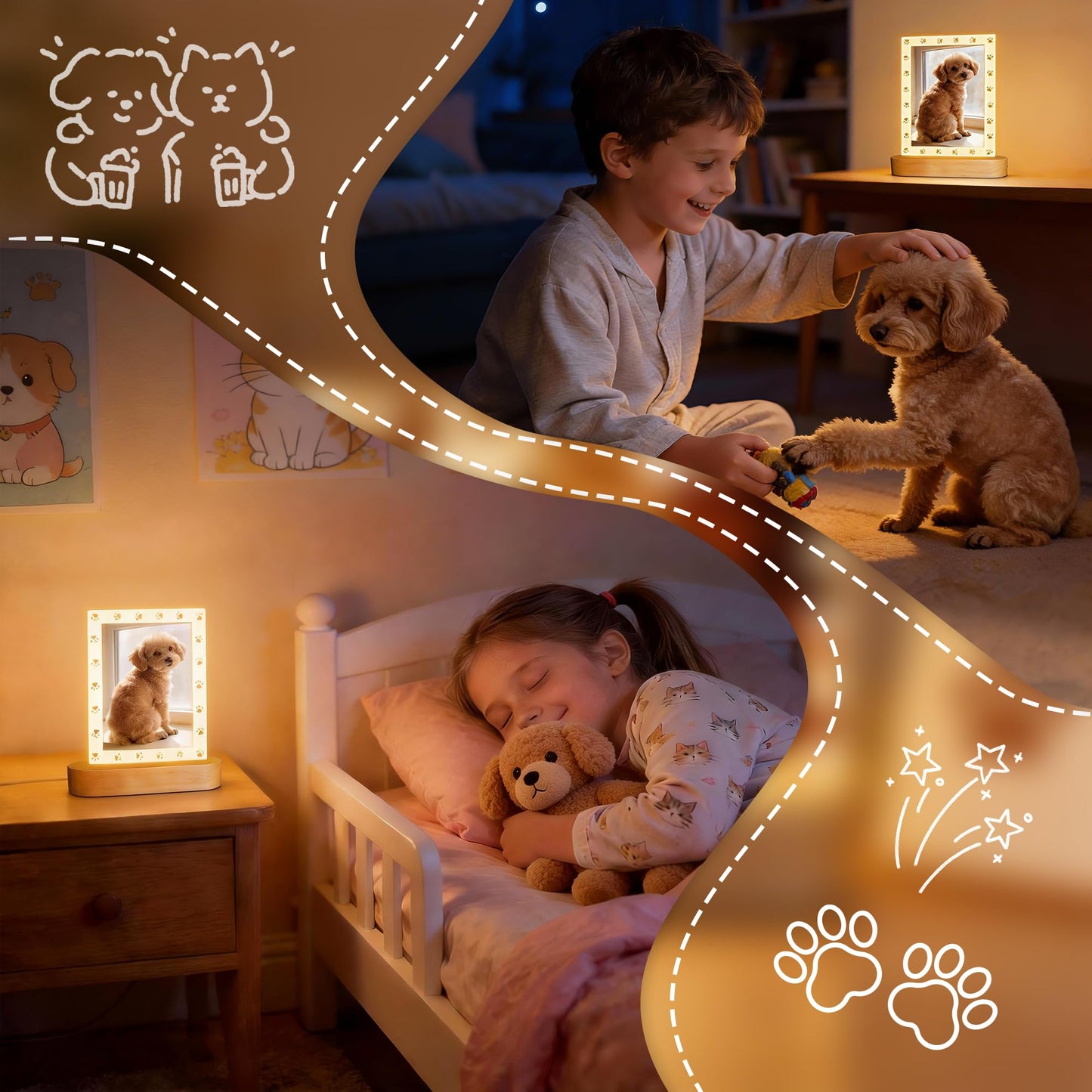 Dog Photo Frame with LED Night Light, Pet Memorial Gifts Light up Picture Frame Paw Prints Design, Personalized Sympathy Gift for Loss of Dog Cat Owner, Home Tabletop Decor for Pet Lovers (4x6 inchs)