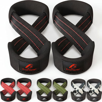 Trend Changer Figure 8 Lifting Strap Padded Deadlift Straps Heavy Duty Weight Lifting Straps Strongman Axle Bar Straps Weightlifting Wrist Wraps (Medium (Upto 8.0'' Wrist Circumference), Black/Red)