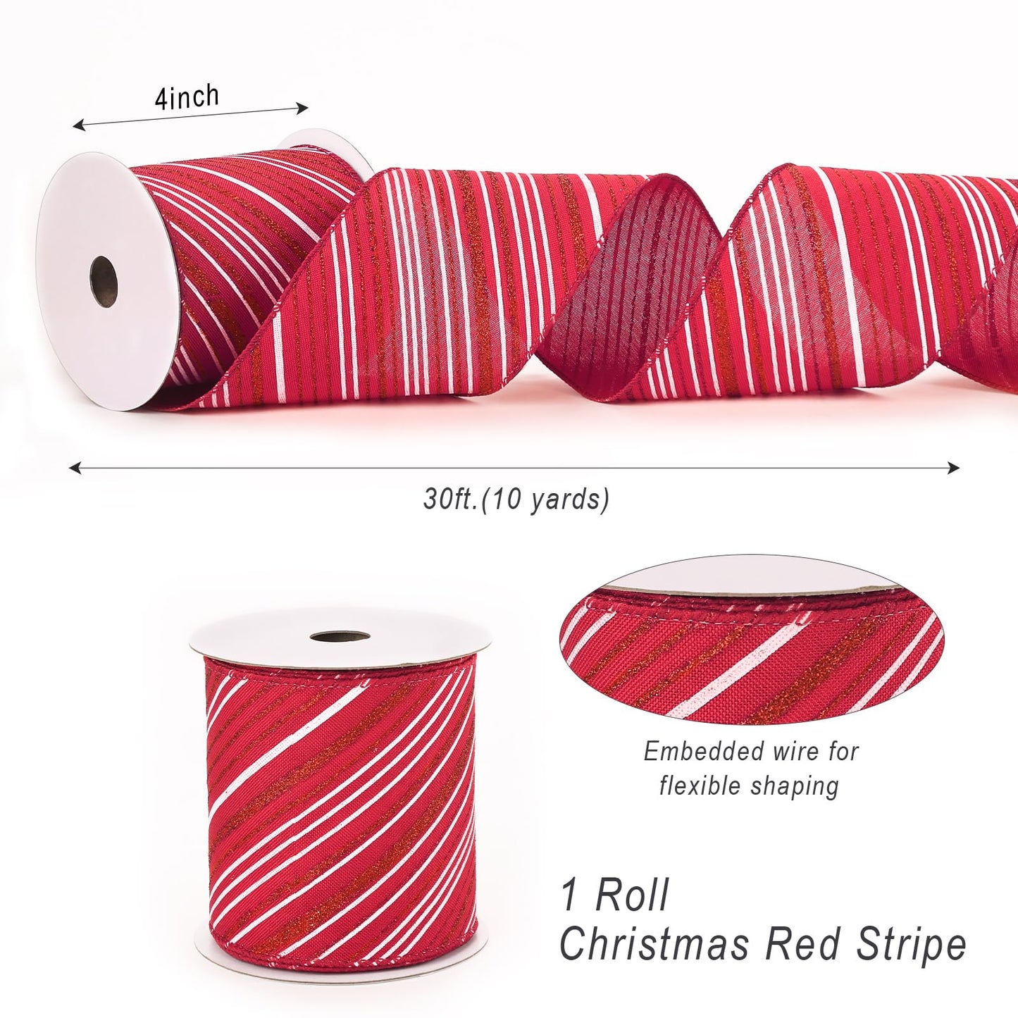 PAPER FAIR 4 Inch Candy Cane Christmas Wired Ribbon for Wreath Crafts, 4'' x 10 Yds (30 Feet), Red Glitter Stripe Burlap Extra Wide Xmas Wired Ribbon for Bow Ornaments, Tree Skirt, Topper Bow