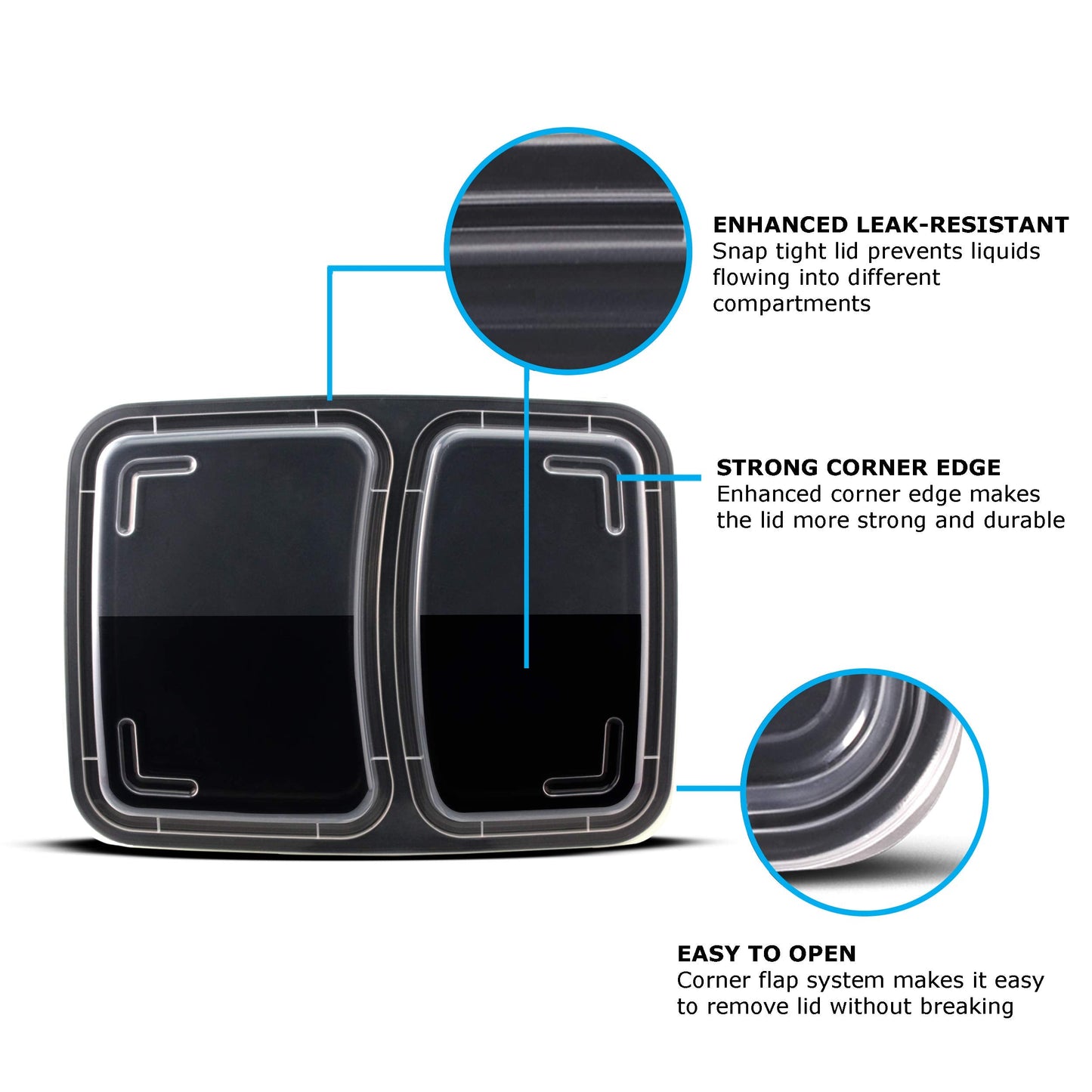 Freshware Meal Prep Containers 3 Compartment with Lids, Food Containers, Lunch Box, Stackable, Bento Box, Microwave/Dishwasher Safe & Meal Prep Containers 2 Compartment, Black