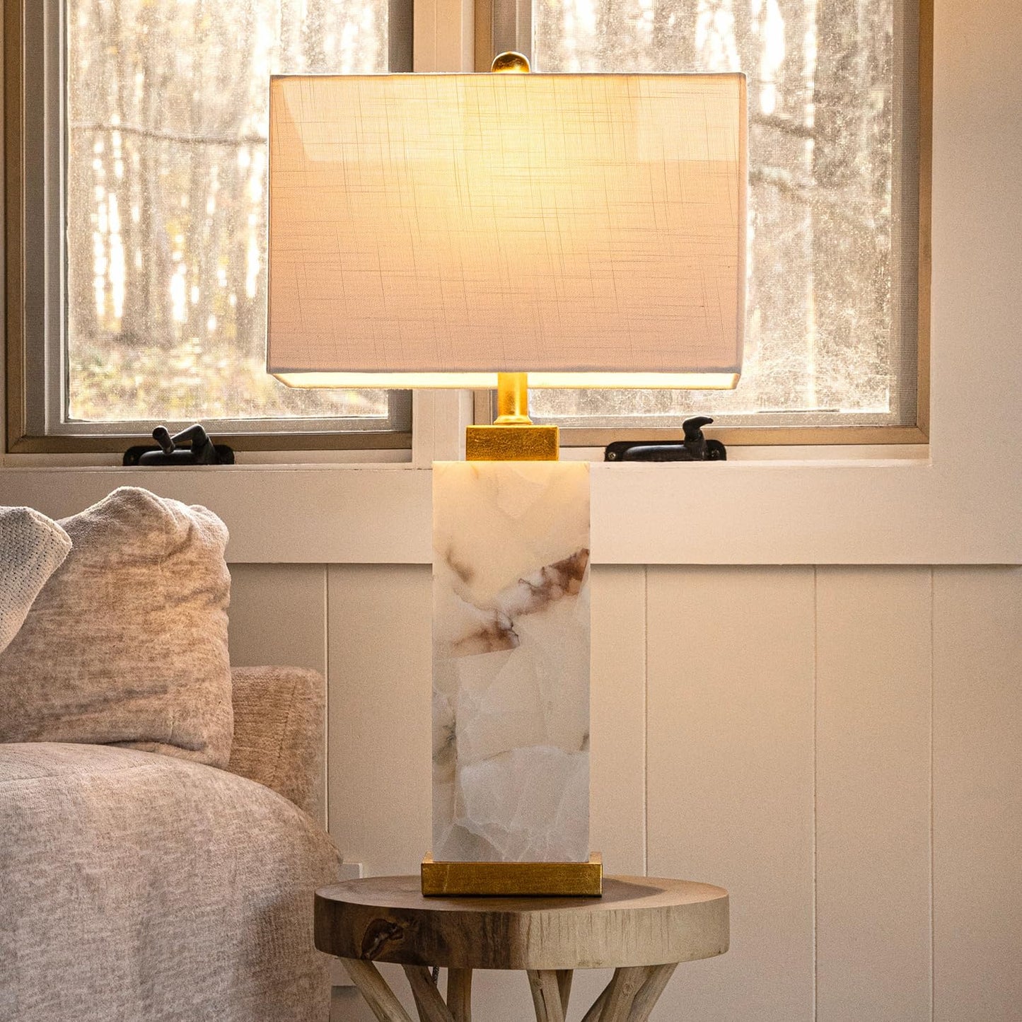 JONATHAN Y 27.5" White/Gold Modern Alabaster Rectangular Table Lamp with Night Light Contemporary Coastal Bedside Lamp for Bedroom with White Linen Shade LED Bulbs Included JYL6201A