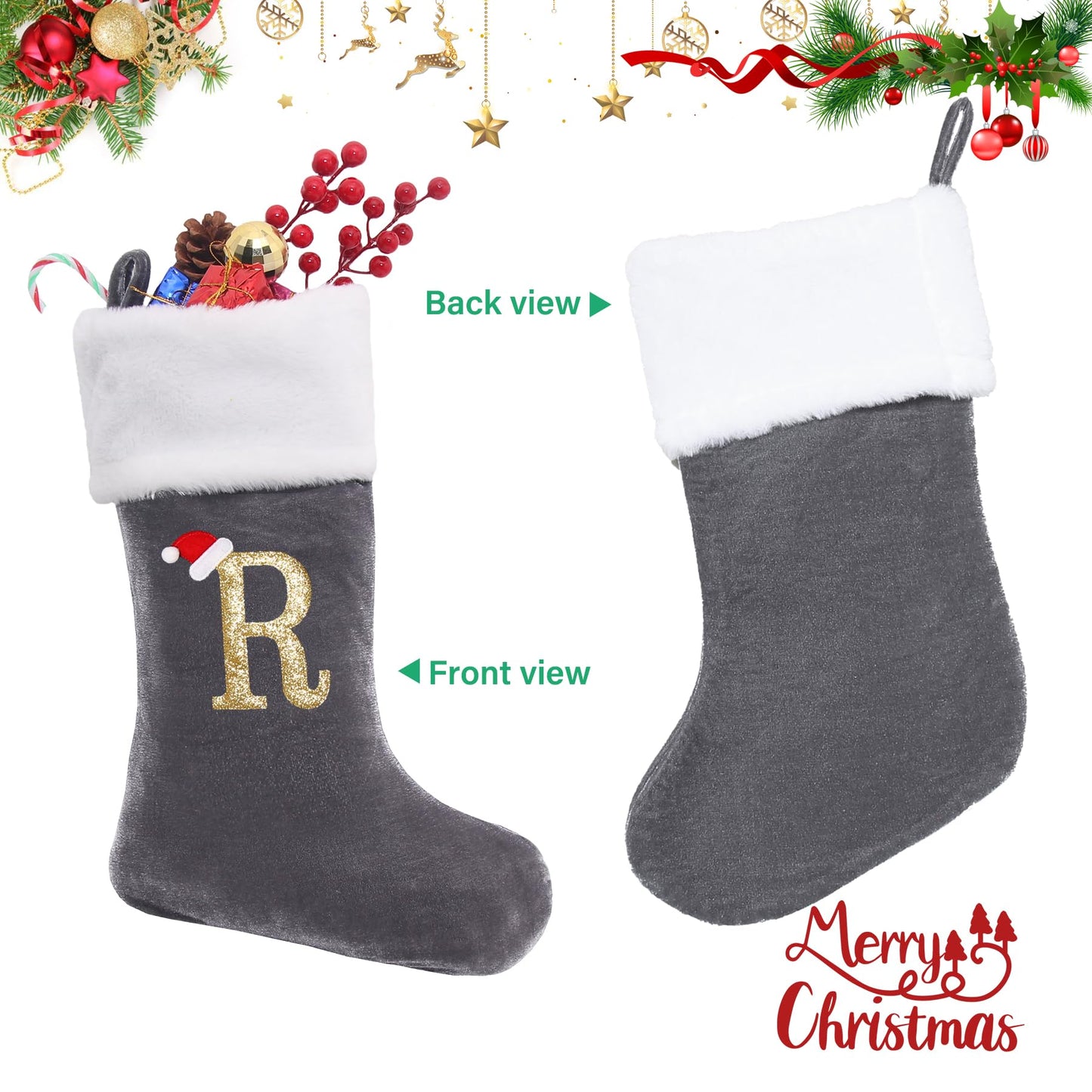 Sailup 20 Inches Monogram Christmas Stockings with Letters, Large Super Soft Christmas Stockings Grey Velvet with White Super Soft Plush Cuff for Christmas Xmas Tree Holiday Fireplace Grey