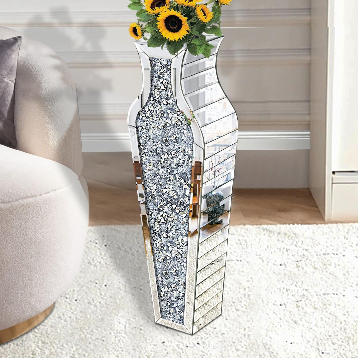 GA Home 27" Tall Crushed Diamond Floor Vase, Silver Large Vases for Decor Living Room, Crystal Mirrored Home Decor Vases for Dried Flower