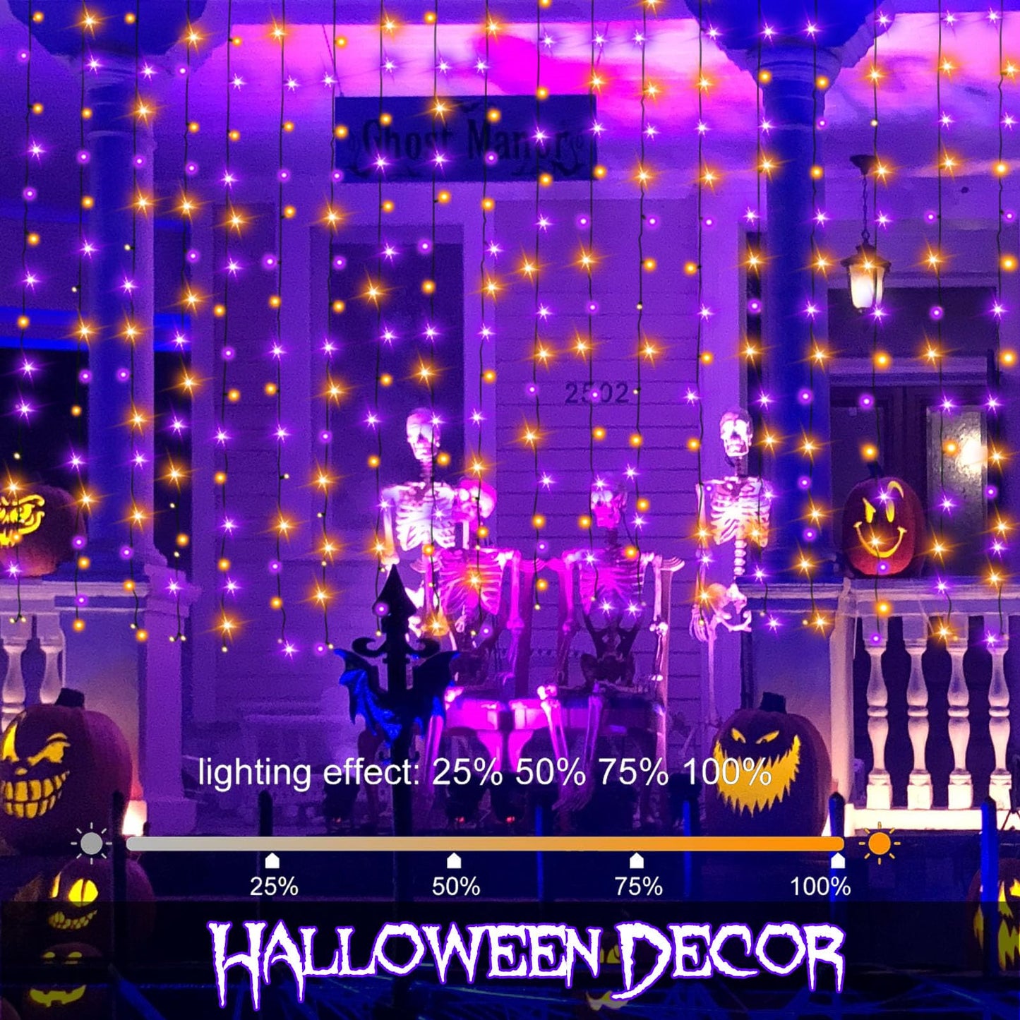 DealBeta Battery Curtain Lights Halloween Purple Orange with Remote 9.8×9.8ft