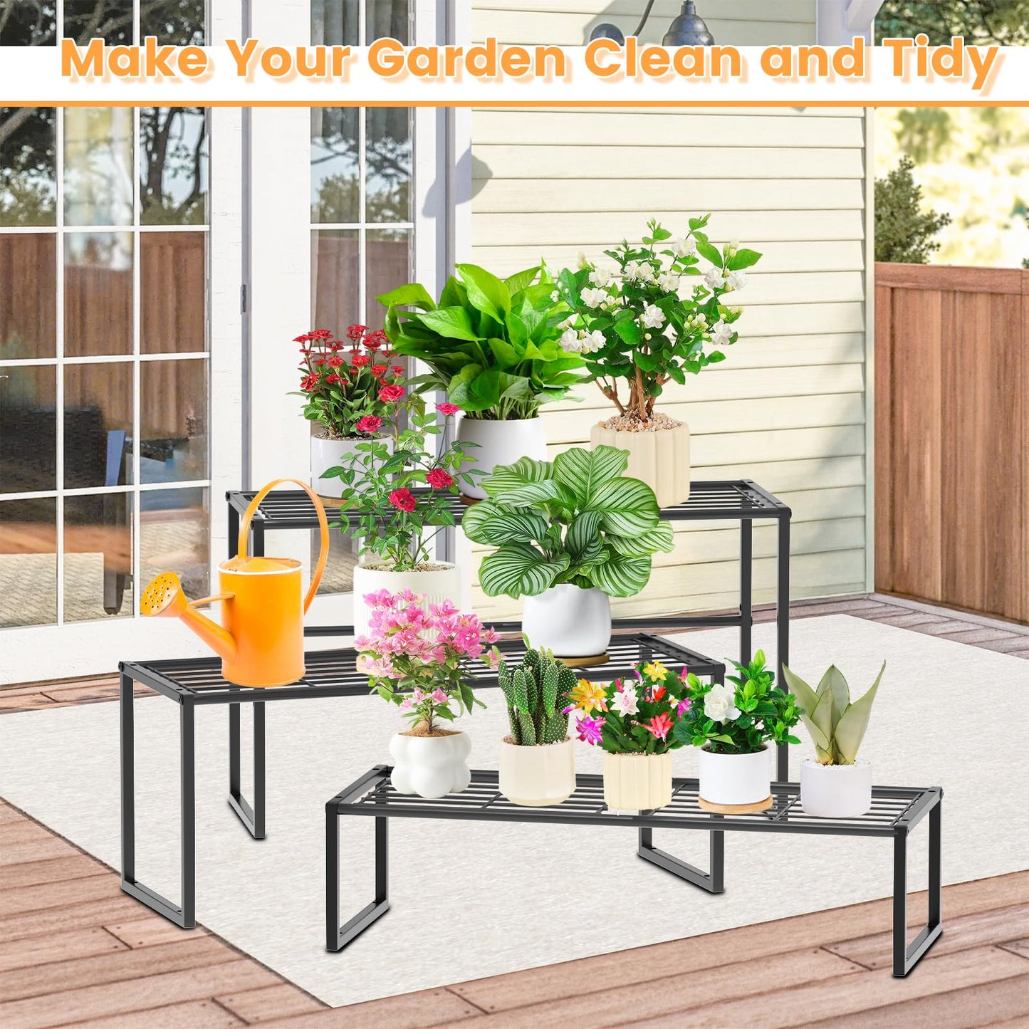 Gouisalin 3 Tier Metal Plant Stand Indoor Outdoor, Potted Multiple Flower Pot Holder Rack Plant Shelf, Heavy Duty Planter Display Shelving for Patio Balcony Garden Living Room Decorative (3 Tier- Black)