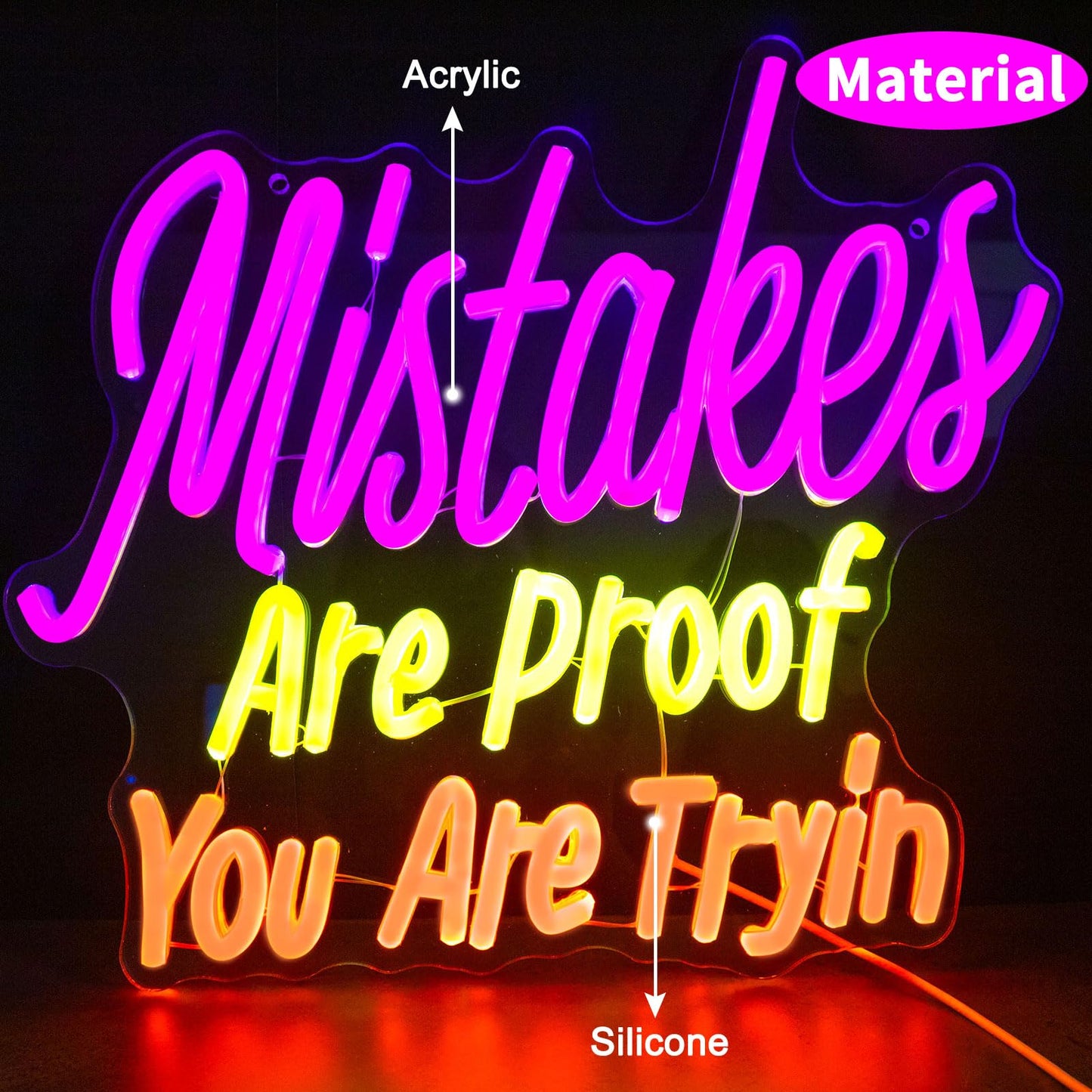 Mistakes Are Proof You Are Trying Neon Sign, Dimmable Neon Sign USB Powered LED Light, Motivational for Classroom Office Room Bedroom Living Room Sign, Graduation Gift 12.99 x 12.99"