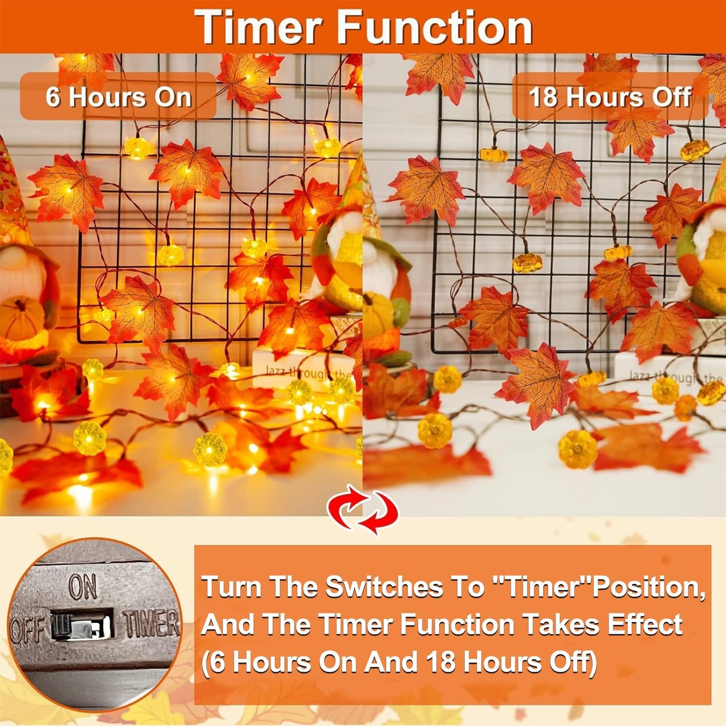 3 Pack & Timer - Fall Garland with Pumpkin Lights Halloween Fall Decorations for Home, 30Ft 60LED Halloween Lights Patented Enlarged Maples Leafed Battery Operated Thanksgiving Decor Indoor Outdoor