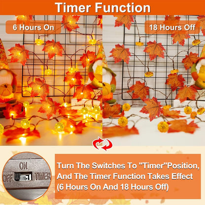 3 Pack & Timer - Fall Garland with Pumpkin Lights Halloween Fall Decorations for Home, 30Ft 60LED Halloween Lights Patented Enlarged Maples Leafed Battery Operated Thanksgiving Decor Indoor Outdoor