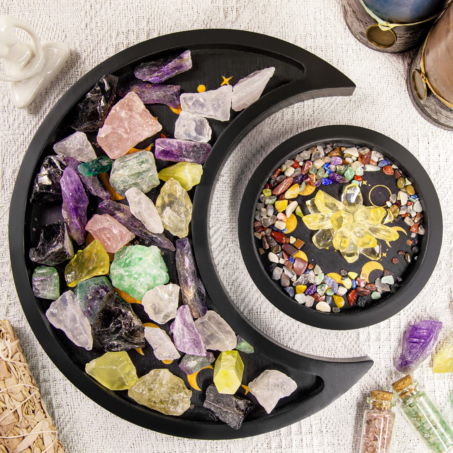 Crescent Moon Tray Crystal Holder Set, Adjustable Rock Display Case, Rock Collection Box with Shelves, Black Wood Crystal Organizer for Stones Storage,Gem Holder with Lid for Seashell
