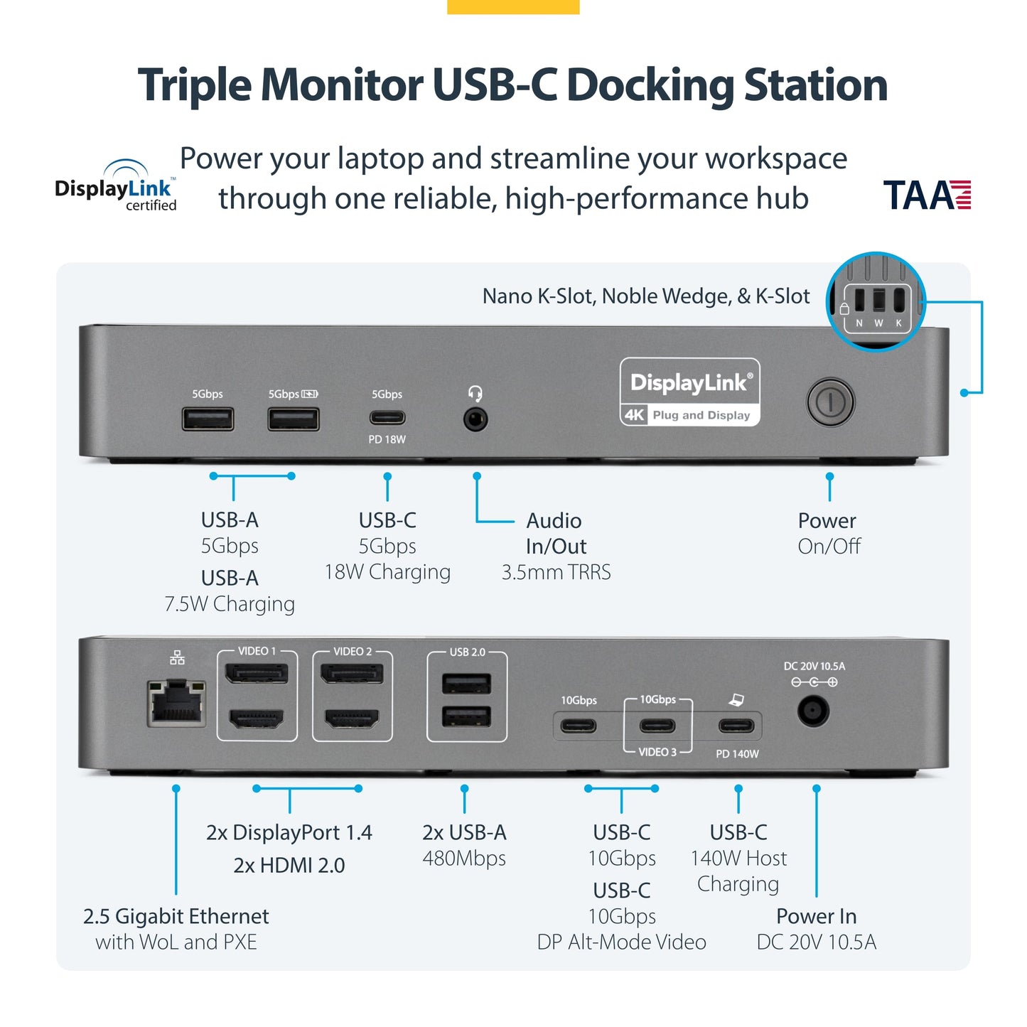 StarTech Triple Monitor USB-C Docking Station, 4K 60Hz DisplayLink Dock for MacBook M1 M2 M3 M4 & Windows, 2.5GbE, 2X HDMI & 2X DP, 140W Laptop Charging, USB-C DP Alt Mode - TAA