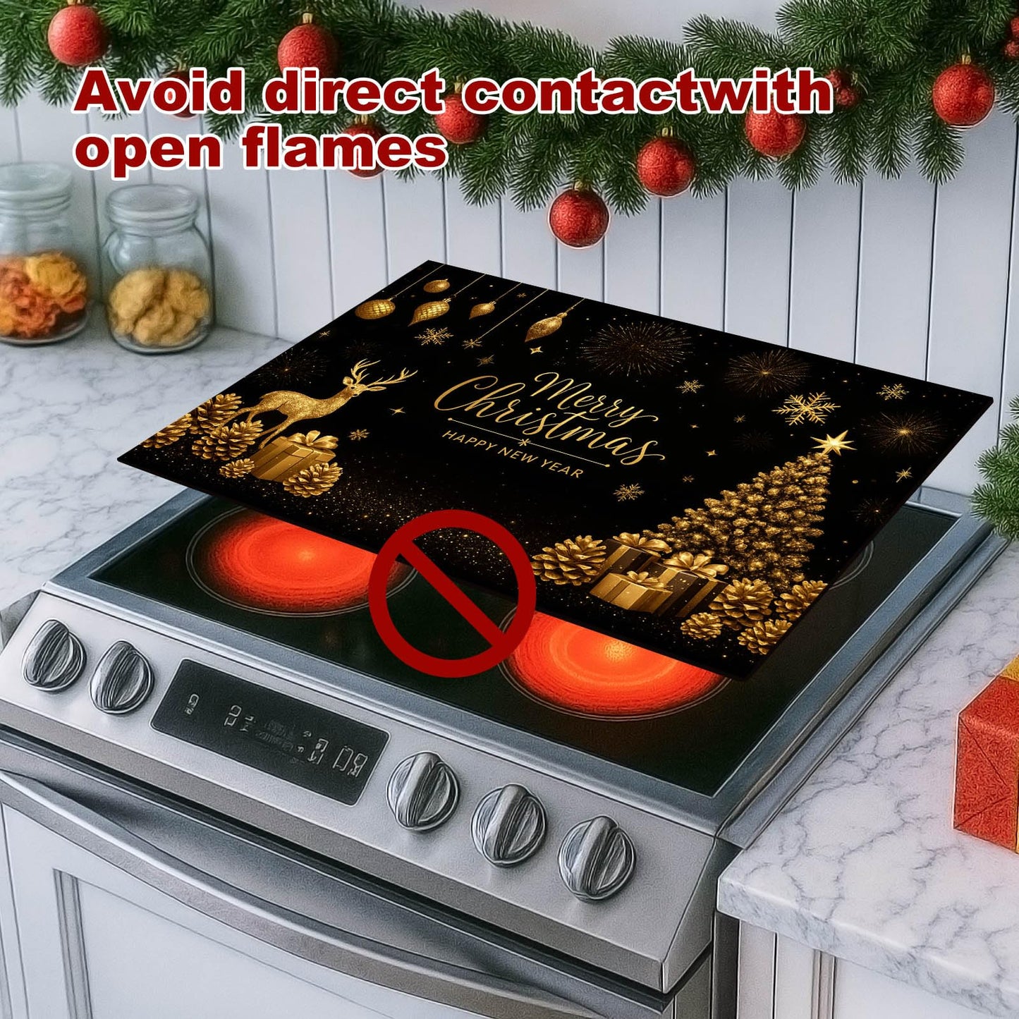 HOMETITUTE Christmas Stove Top Cover 28x20 Inch Glass Top Protector Silicone Cooktop Mat Heat Resistant Stovetop Cover Golden Deer Tree Holiday Kitchen Decoration