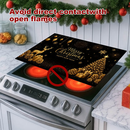 HOMETITUTE Christmas Stove Top Cover 28x20 Inch Glass Top Protector Silicone Cooktop Mat Heat Resistant Stovetop Cover Golden Deer Tree Holiday Kitchen Decoration