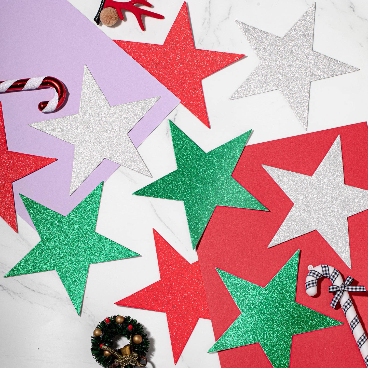 Gejoy 80 Pieces Glitter Star Cutouts Paper Star Confetti Cutouts for Bulletin Board Classroom Wall Party Decoration Supply (Red, Silver, Green,6 Inches Length)