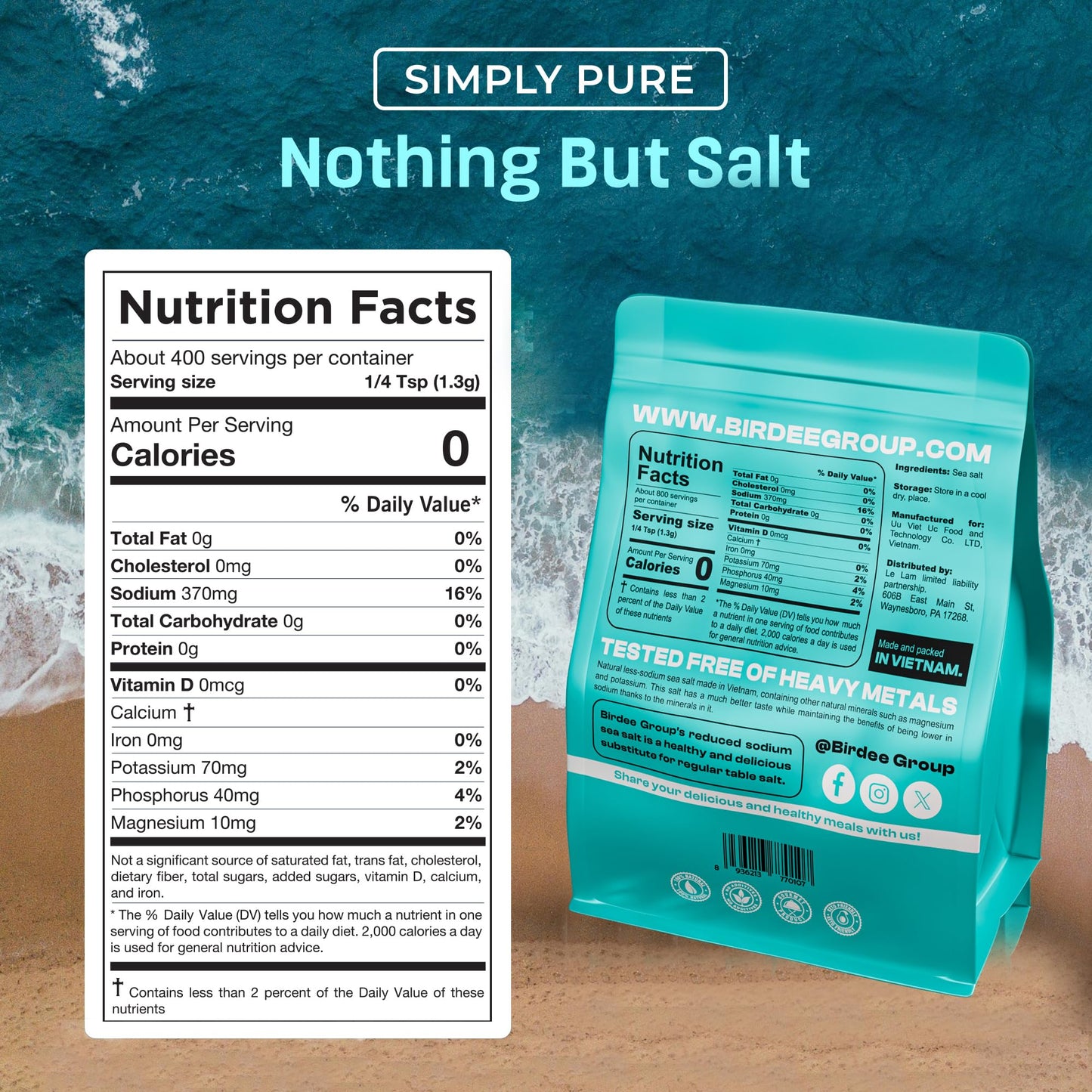 Birdee Salt Gift Set, Solar-Dried Mineral Rich Fine Grain Sea Salt from Vietnam, 17.6 oz (500g) Pouch with Engraved Hardwood Spoon Bag Sealer Clip, Seasoned with Salt Colossians 4:6