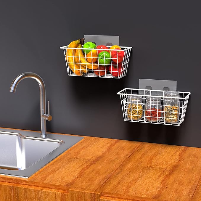 MaraFansie Wall Wire Baskets Adhesive Basket Hanging Kitchen Baskets No Drilling