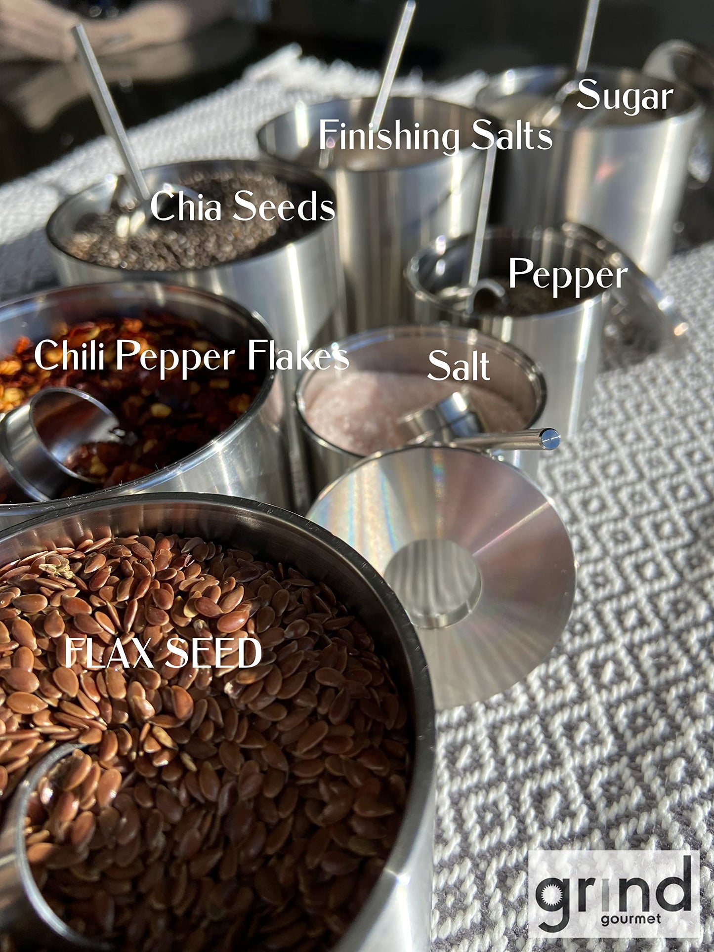 Grind Gourmet Salt Cellar, Spice Jars Stainless Steel, Storage Spice Jars With Spoon Solid Stainless Steel Holder (1.58", Silver)