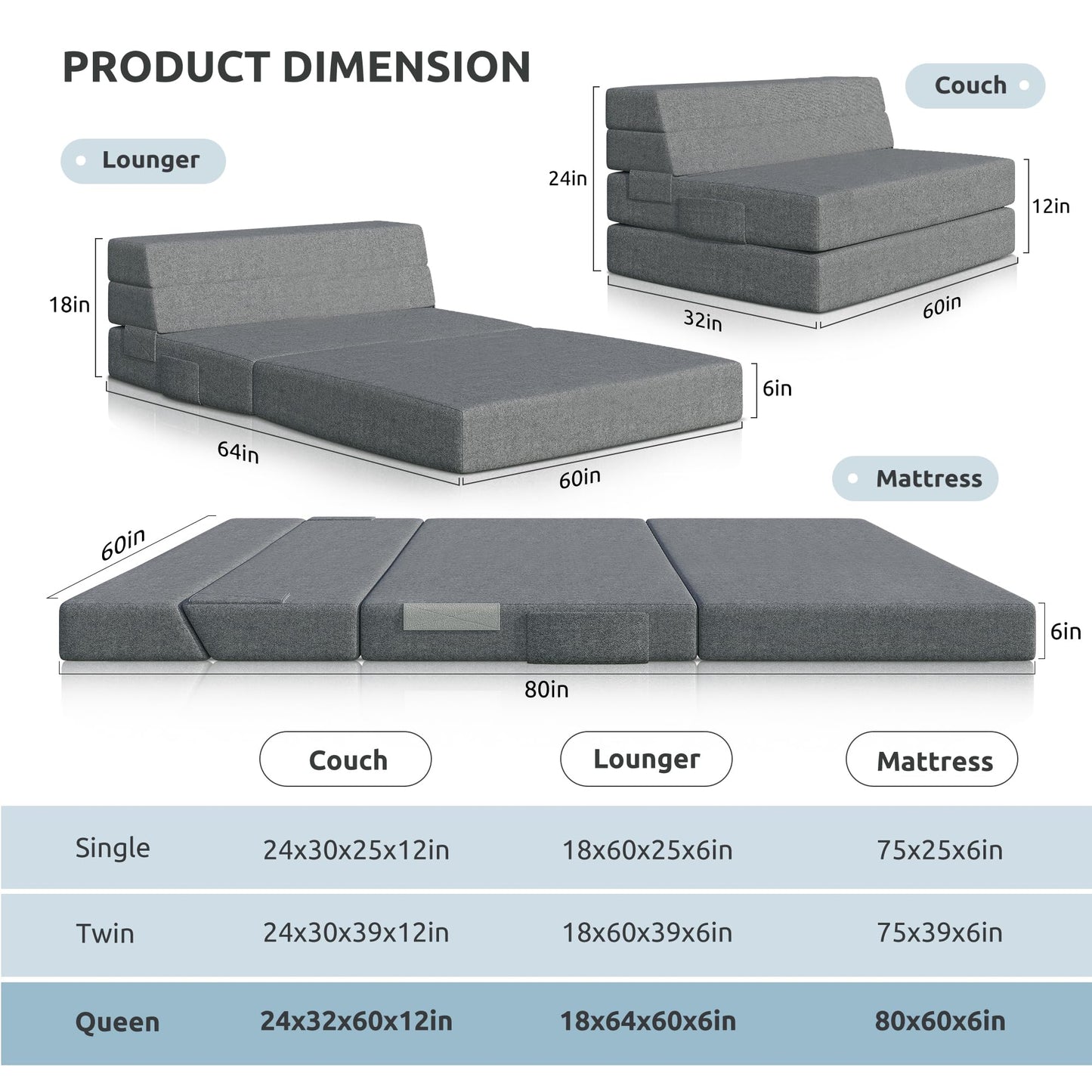 Youzi Folding Sofa Bed Queen, 6 Inches Foam Floor Sofa and Folding Mattress with Washable Cover, Fold Out Couch for Guests, Camping and Travel, Dark Gray, 80" x 60" x 6"