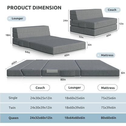 Youzi Folding Sofa Bed Queen, 6 Inches Foam Floor Sofa and Folding Mattress with Washable Cover, Fold Out Couch for Guests, Camping and Travel, Dark Gray, 80" x 60" x 6"