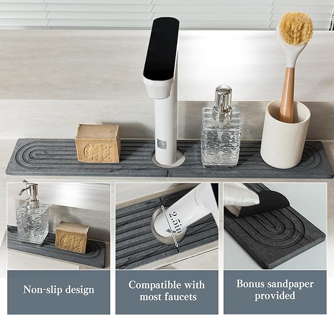 Stone Faucet Mat for Kitchen Sink, Quick Drying Mats, Water Absorbing Guard &