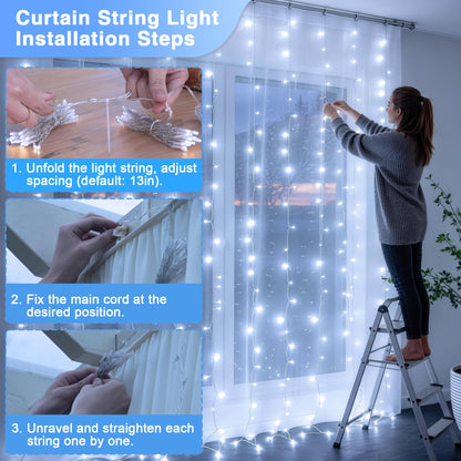 JMEXSUSS 300 LED 9.8x9.8Ft Curtain Lights Indoor with Remote, White Christmas Lights Plug in, 8 Modes White String Lights for Bedroom Wall Wedding Reception Dorm Party Backdrop Window Outdoor Decor