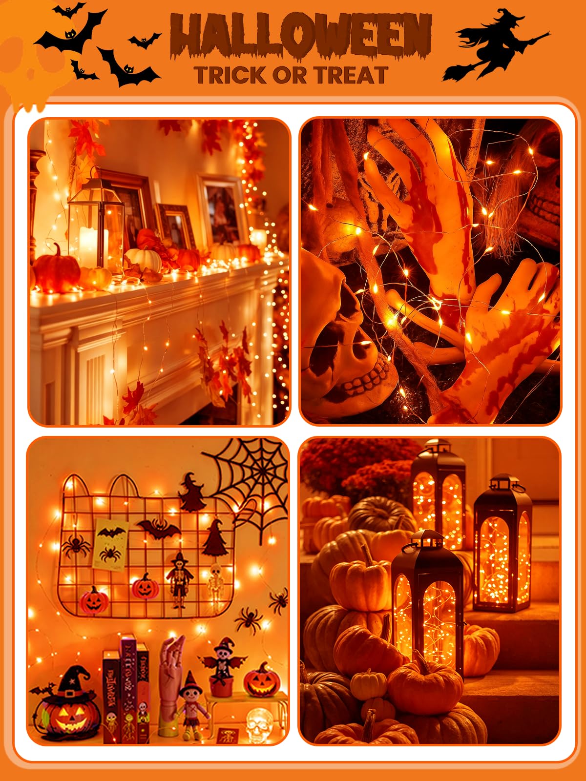 4 Pack 20FT 60LED Battery Operated Fairy Fall Lights with Timer, Waterproof Battery String Lights Outdoor Indoor, Battery Twinkle Lights for Bedroom Thanksgiving Day Party Halloween (Orange)