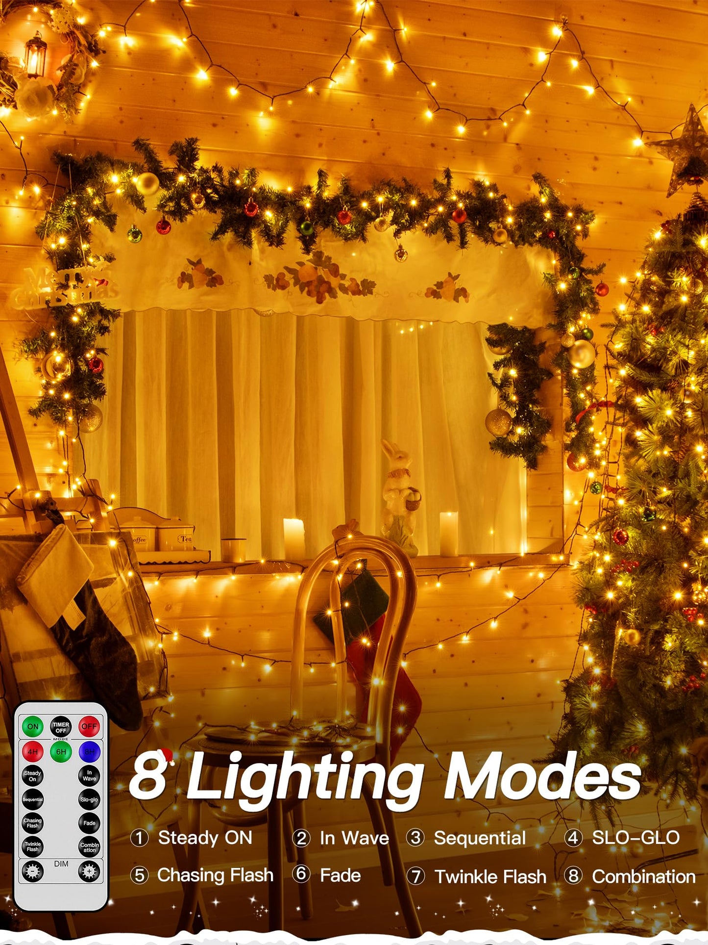 Guhope Christmas Lights 66FT 200 LED, Christmas Tree Light with 8 Lighting Modes, Outdoor Waterproof String Lights with Remote and Timer, Fairy Light for Holiday Decor (Warm White)