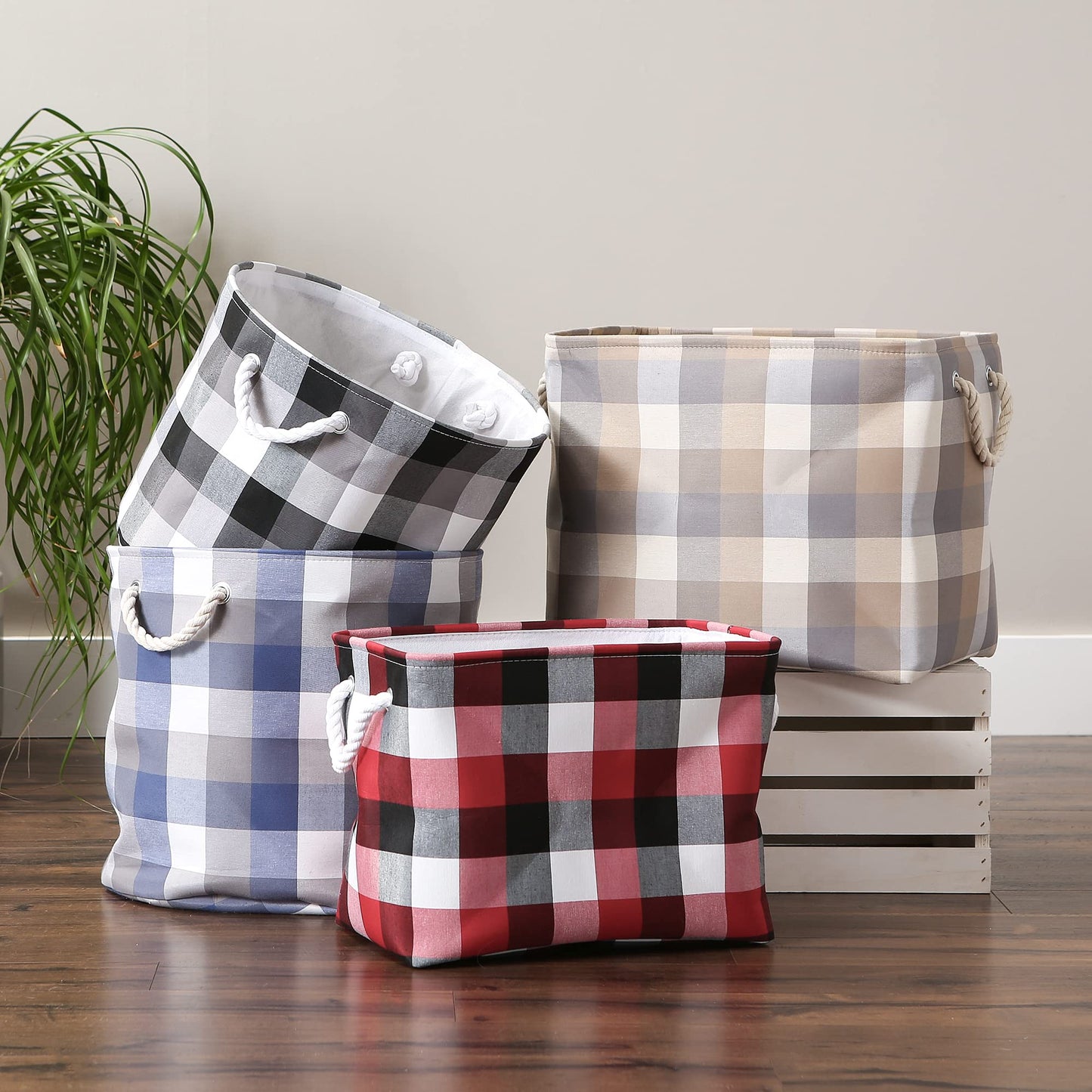 DII Buffalo Check Storage Collection Collapsible Bin with Handles, Medium Rectangle, 16x10x12, Tri Color Black