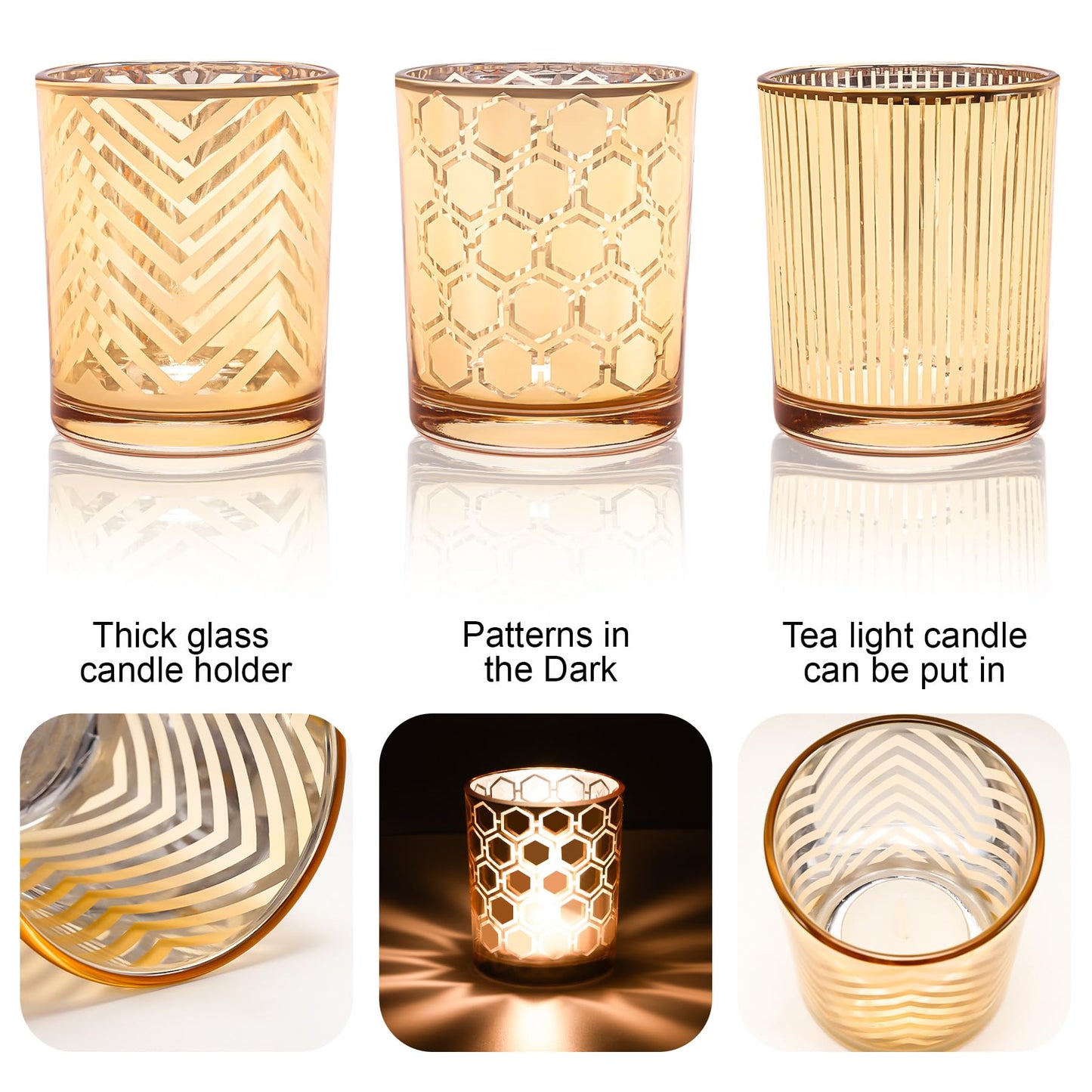 Toptime Tea Lights Candle Holder, Gold Votive Candle Holders Set of 3, Glass Tealight Holders with Geometric Stripe Wave Pattern, Centerpiece Table Decorations for Wedding Birthday Party Supplies
