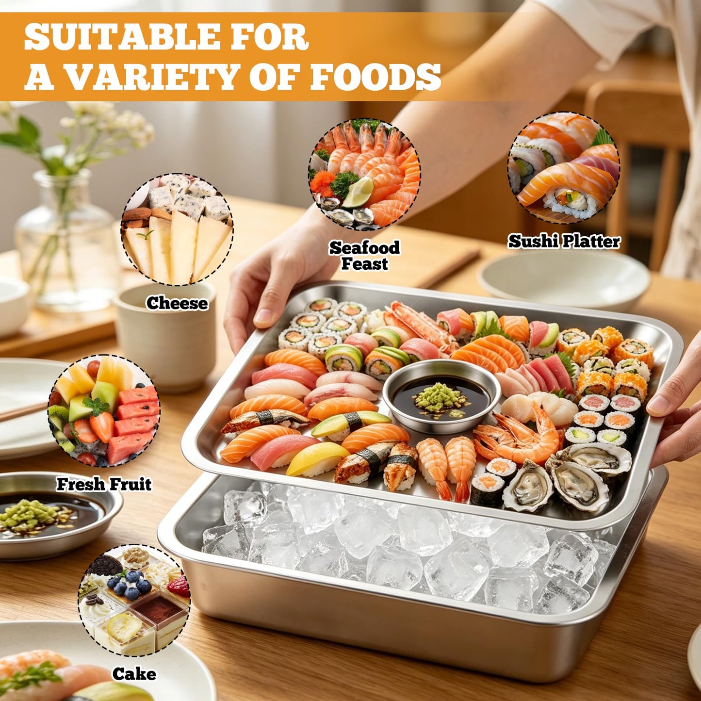 2 Set Stainless Steel Chilled Serving Tray with Compartments 15.7” x 11.8” Ice Chilled Tray Set for Parties Rectangle Veggie Platter Charcuterie Serving Board for Fruit Seafood Appetizer