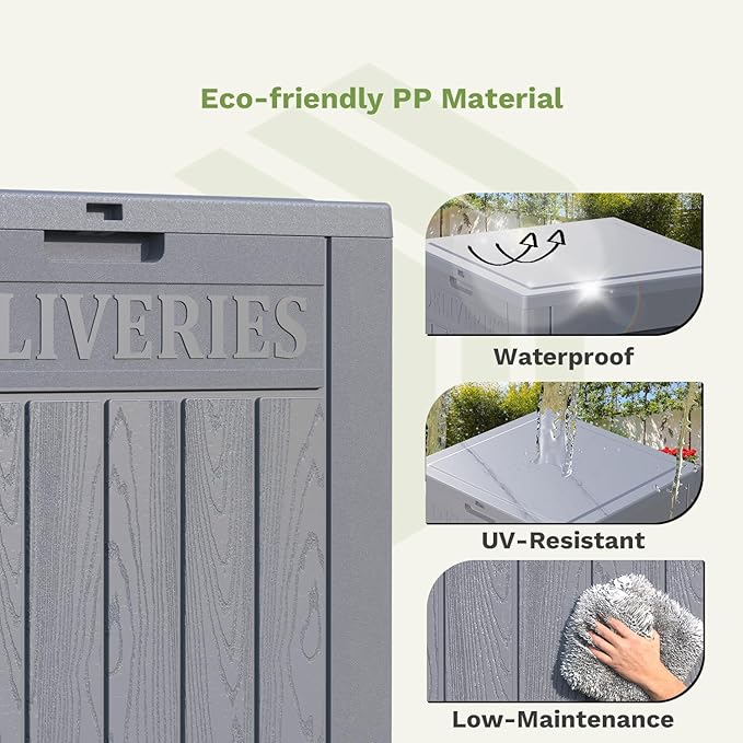 Patiowell 48-Gallon Resin Package Delivery Box for Outside, Waterproof Storage Deck Box with Lockable Secure (Grey)