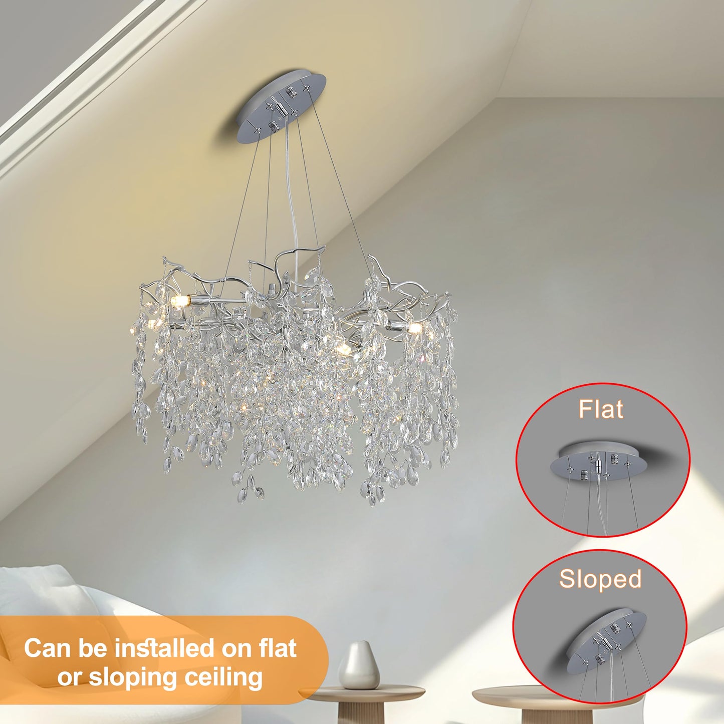 KVTOEP 24 Inch Silver Tree Branch Crystal Chandelier, 6-Light G9 Base K9 Crystal Pendant Light, Adjustable Fixture for Dining Room, Living Room & Staircase