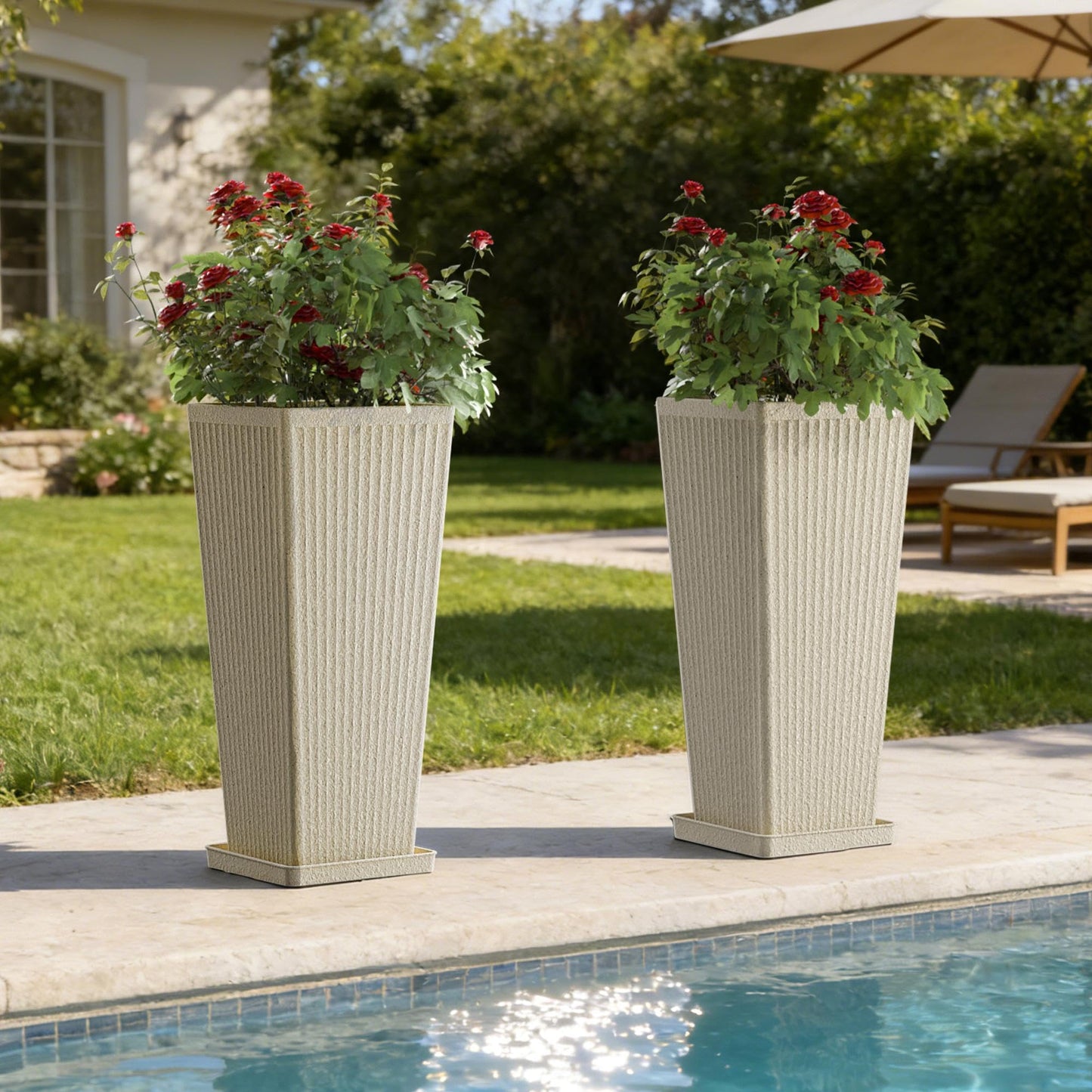 Trygoal Square Tall Planters for Outdoor Plants Set of 2-23.6" Heavy-Duty Classic Tapered Indoor Flower Pots with Drainage Holes/Partition/Tray, Large Outdoor Planters for Porch Patio, Beige Cream
