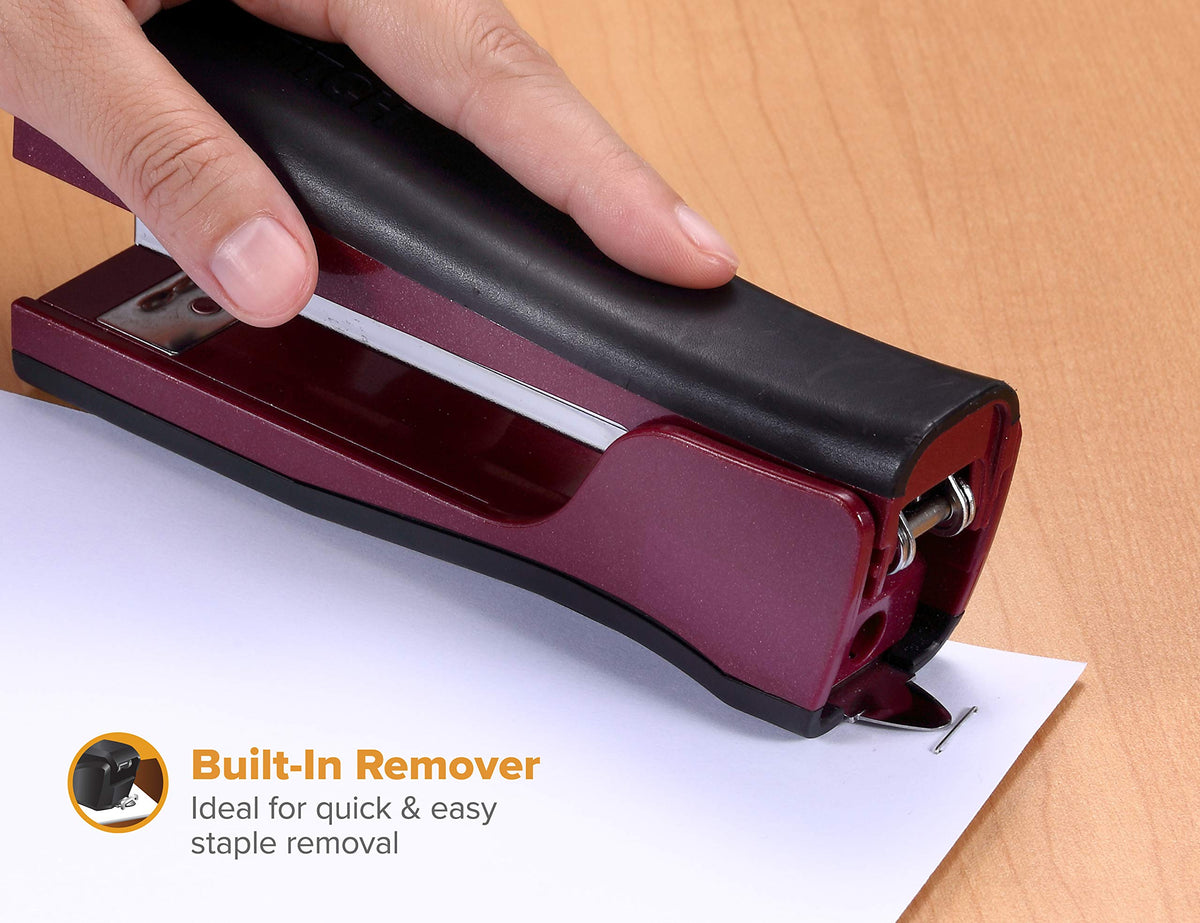 Bostitch Office Dynamo 4 in 1 Standup Stapler, Includes 420 Staples, 20 Sheet Capacity, Integrated Pencil Sharpener, Staple Remover & Staple Storage, Magenta