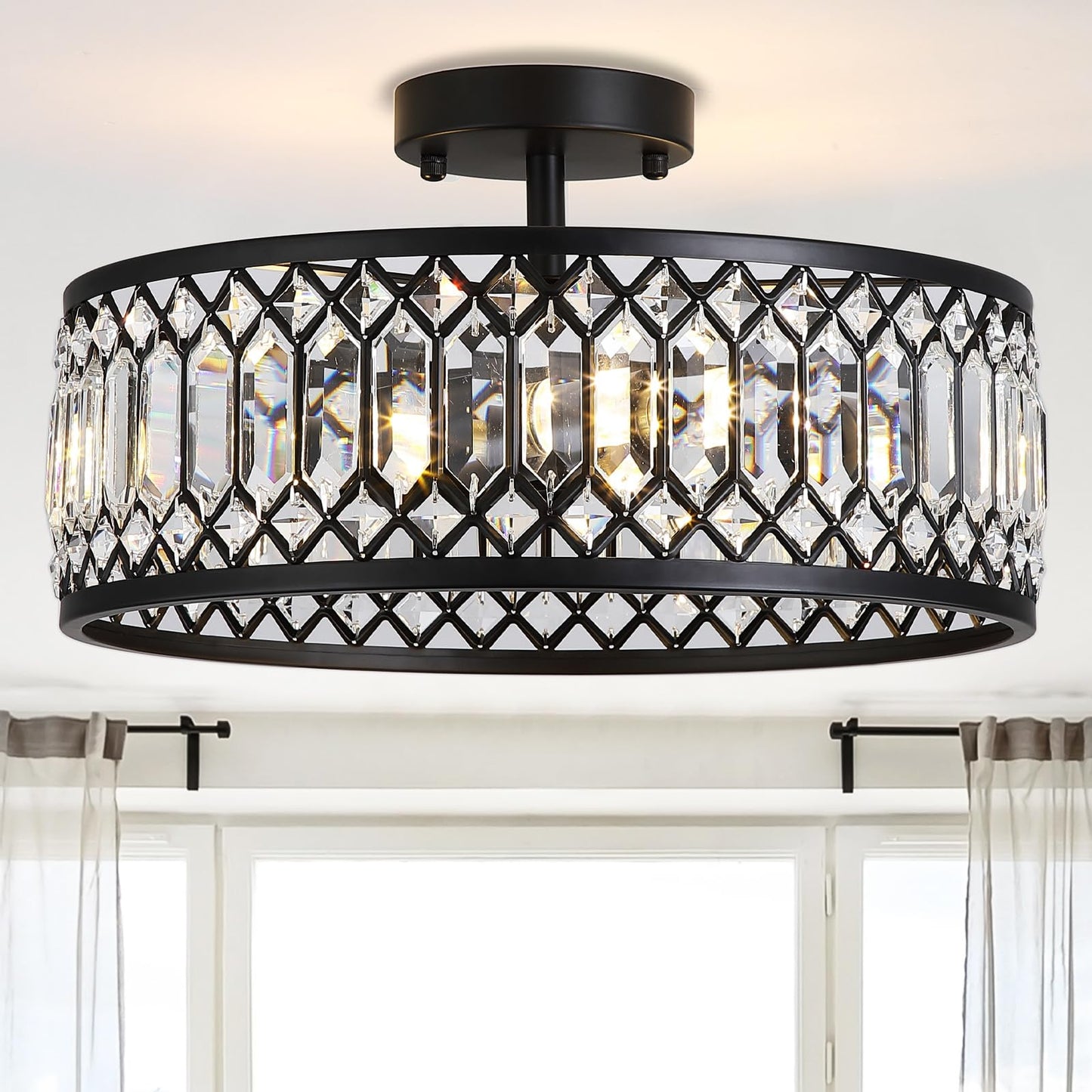 16" Black Crystal Ceiling Light, 3-Light Modern Semi Flush Mount Ceiling Light Fixture, Round Crystal Chandelier for Dining Room Bedroom Living Room Kitchen Hallway, E26 Sockets