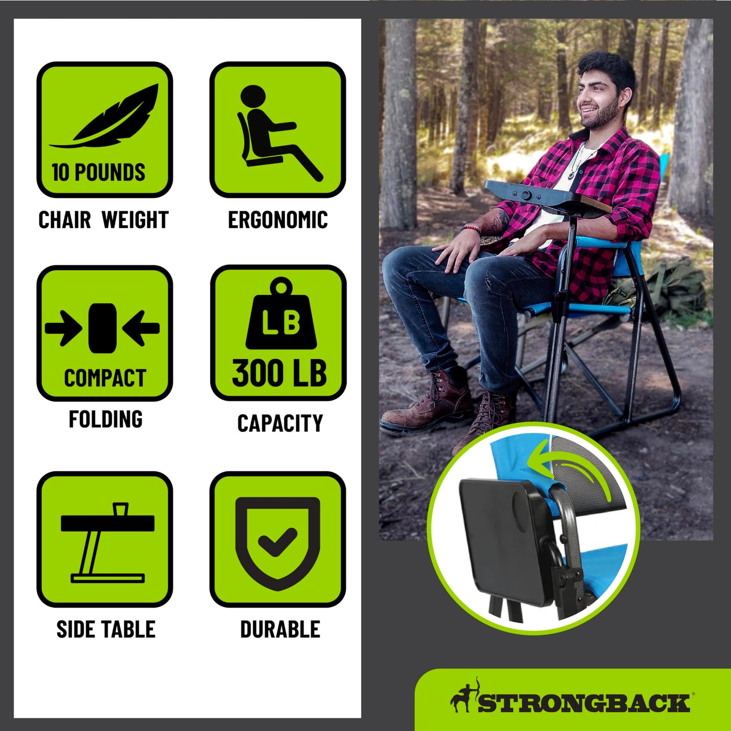 STRONGBACK Outdoor Chair Director Portable Camping Chair with Lumbar Support - Cupholder &Pocket Included - Heavy-Duty Foldable Chair - Rocker/Black