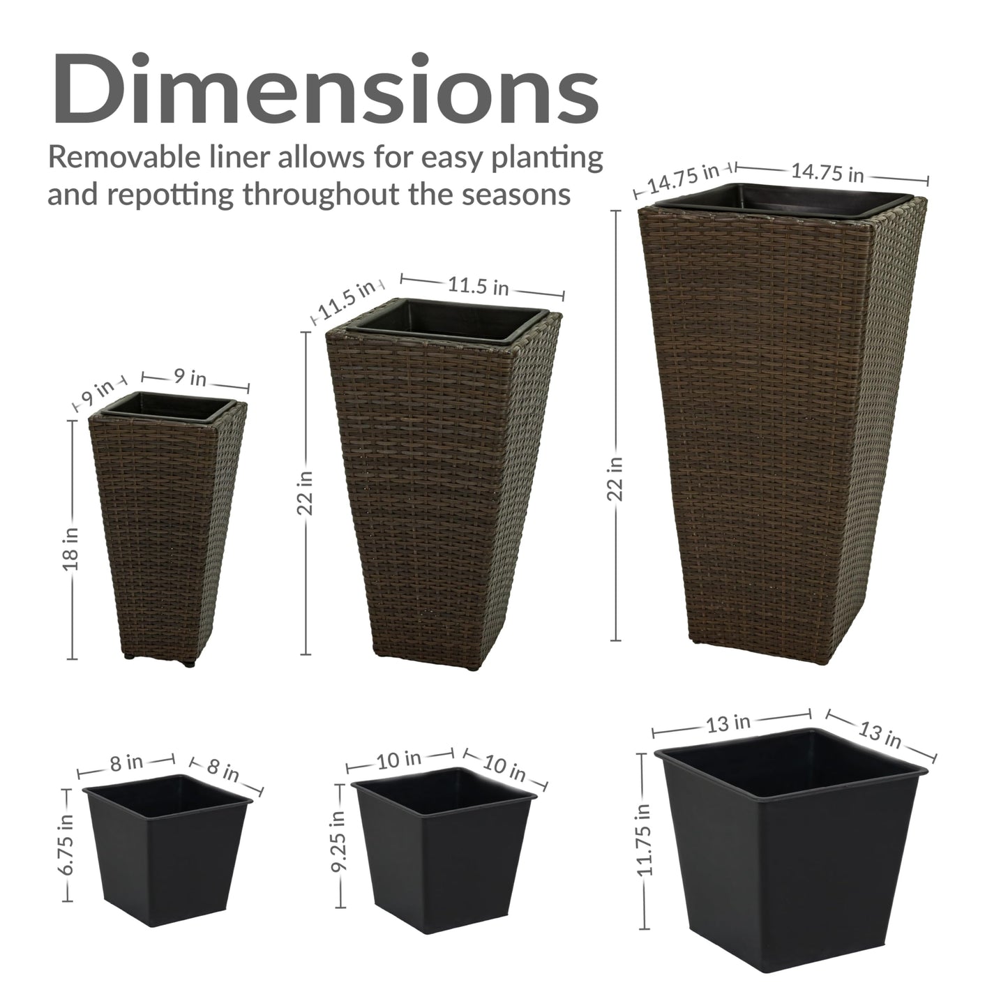 Sunnydaze Square Tall Wicker Outdoor Planter Set of 3 - Polyrattan Large Outdoor Planters for Porch, Patio or Garden - 9", 11.5", 14.75" Tall Plant Pots - Brown