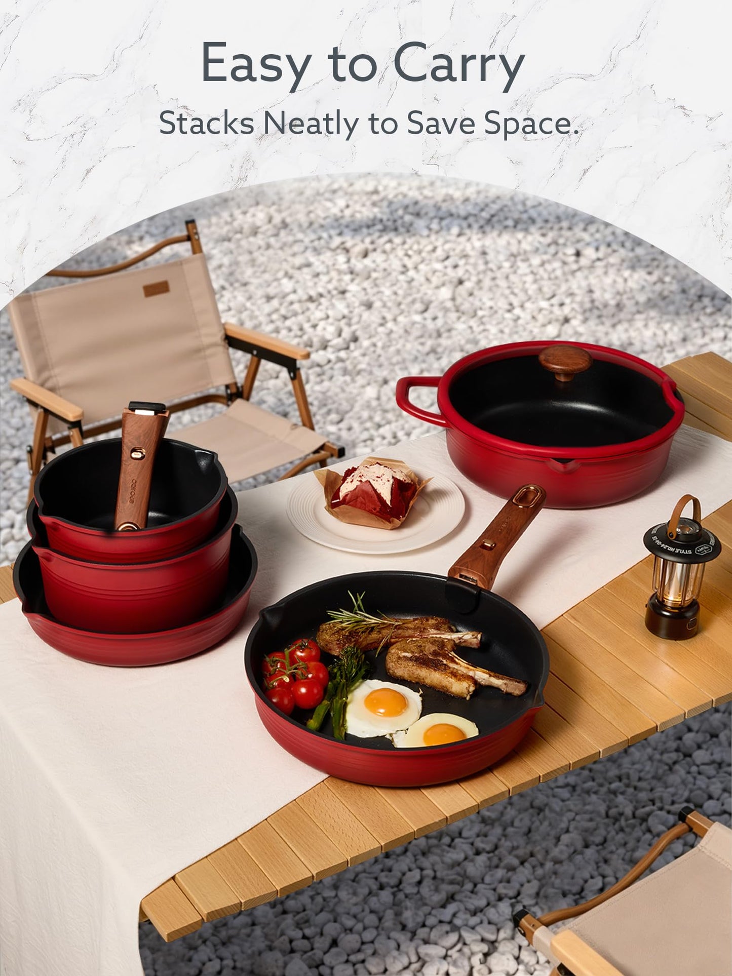 CAROTE 20Pcs Titanium Cookware Set, Pots and Pans Set Non Stick, Kitchen Cooking Set with Detachable Handle, Non Toxic Induction Cookware - Camping Cookware, Dishwasher/Oven Safe, Red