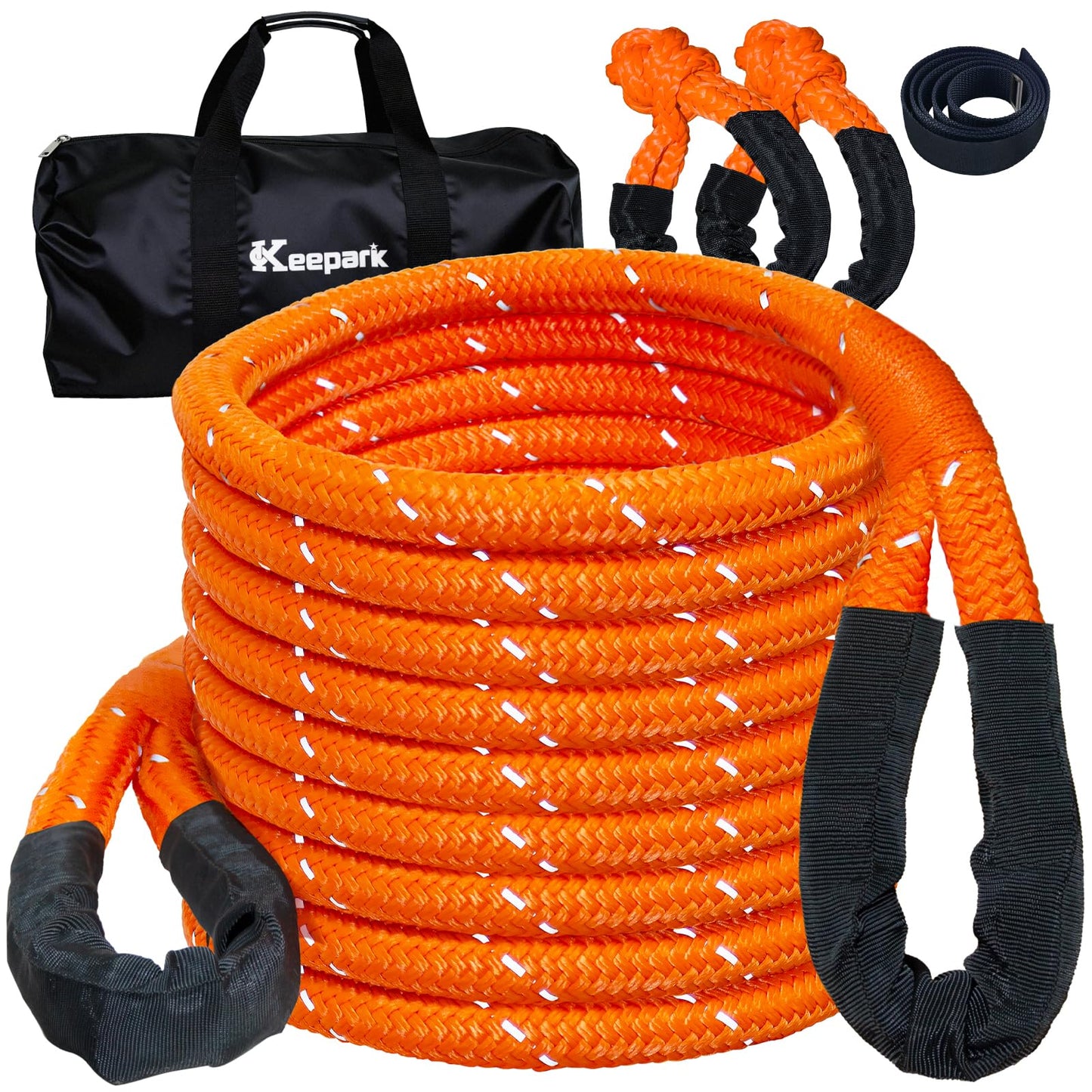 Kinetic Recovery Tow Rope Kit - 1" x 30ft 55000LBS Tow Strap with 2 Soft Shackles, Heavy Duty Kinetic Recovery Rope for Off-Road Vehicle, Jeep, Truck, SUV, UTV, ATV - Orange