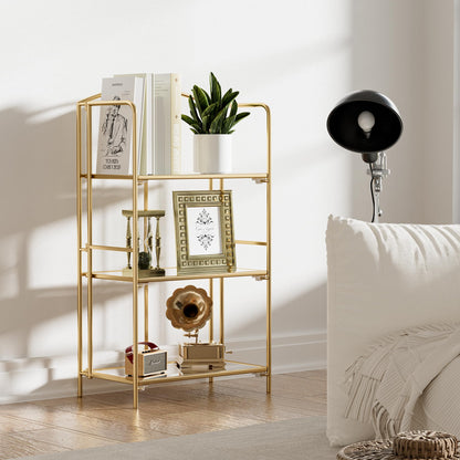 Crofy No Assembly Folding Bookshelf for Living Room, 3 Tier Gold Collapsible Book Shelf for Home Office, Portable Bookcase Storage Organizer